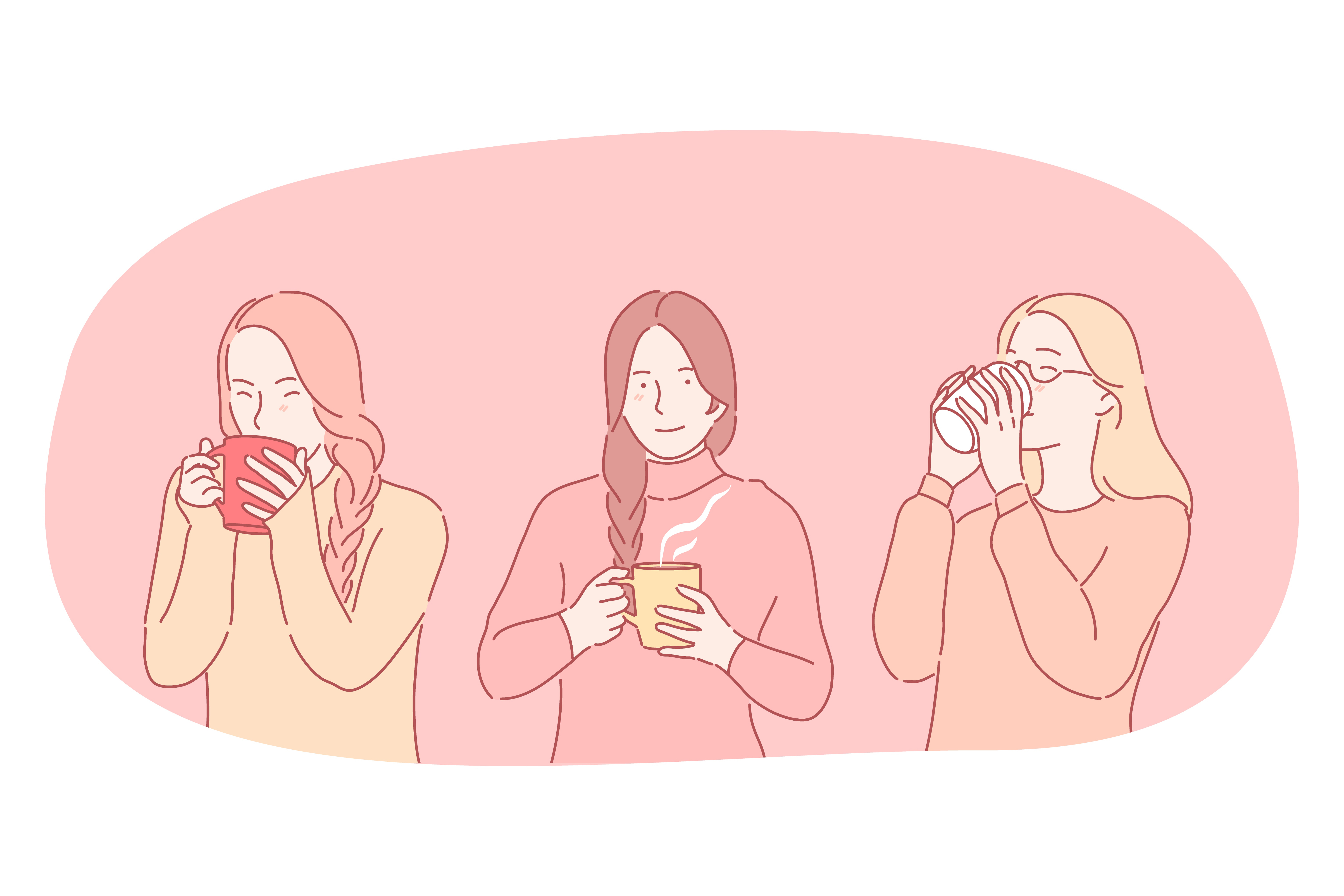 Hot drinks during cold seasons concept. Young positive women cartoon characters holding mugs and drinking hot drinks tea, coffee, cocoa for warming up during attune in winter vector illustration . Hot drinks during cold seasons concept