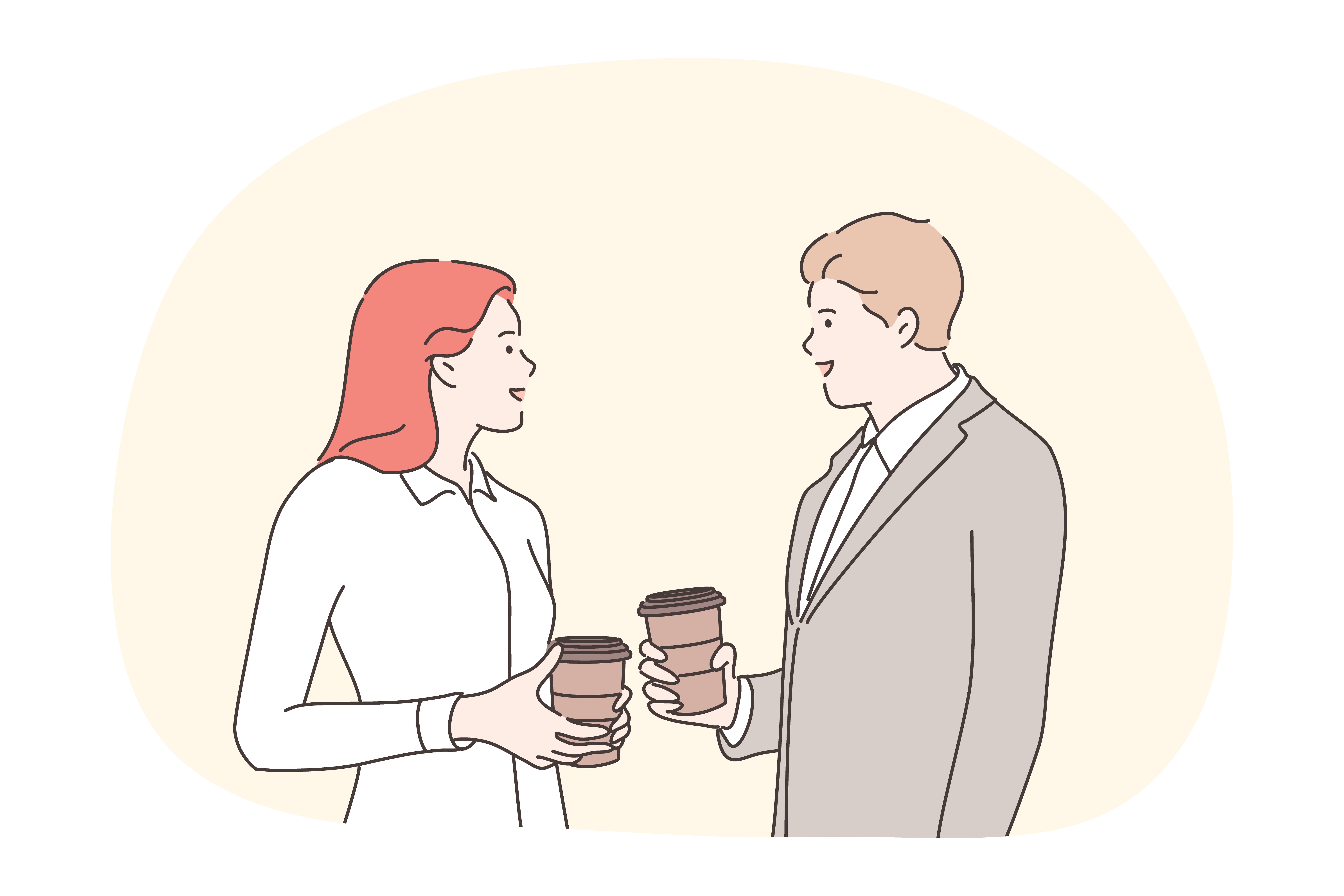 Business, break, communication, conversation, friendship concept. Businessman woman clerk manager friends colleagues talking drinking coffee tea at office together. Interaction meeting on lunch time.. Business, break, communication, conversation, friendship concept