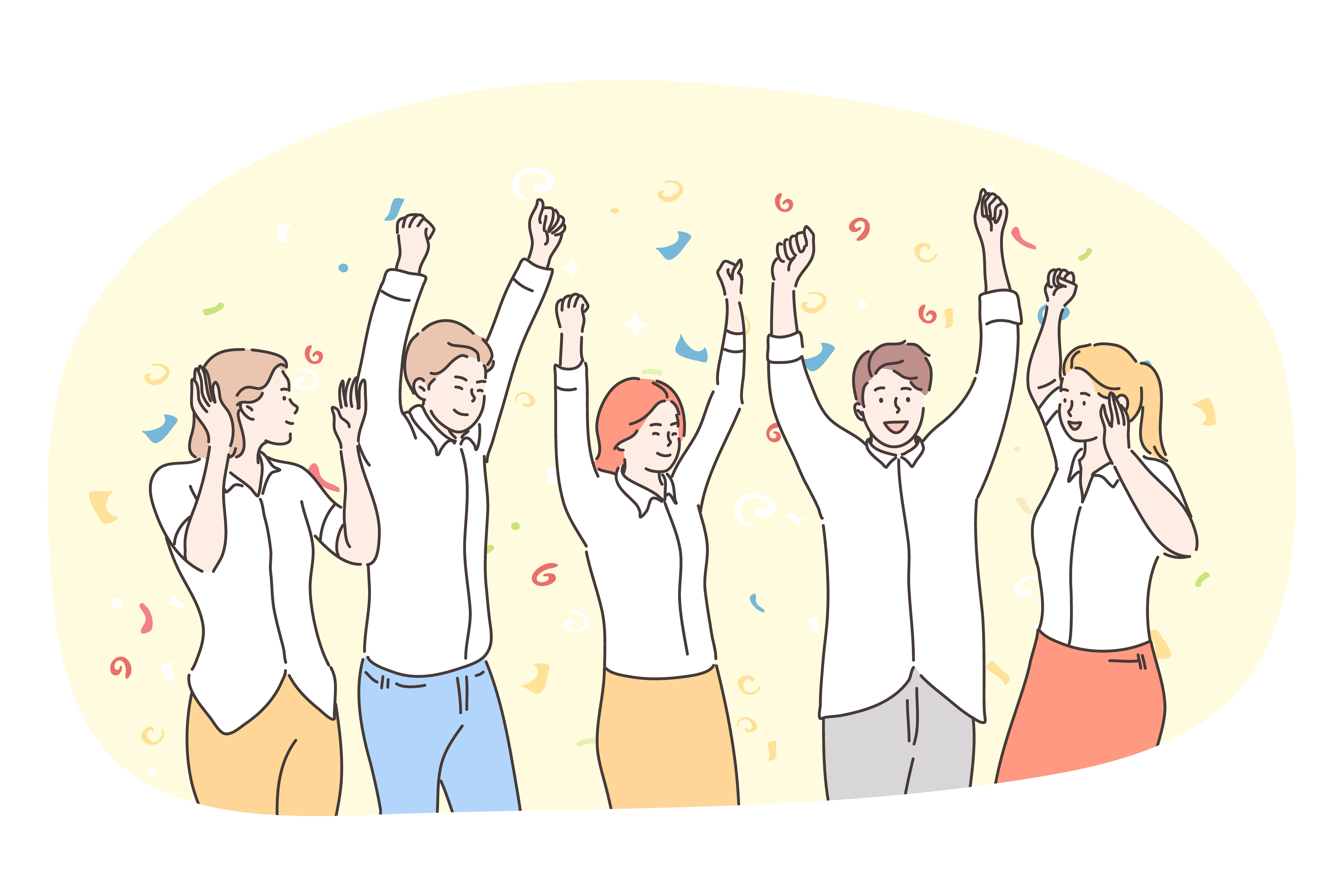 Party, having fun, celebration, holiday concept. Group of happy smiling people friends teens dancing, celebrating holiday and feeling excited with hands raised up together. Fun, win, victory, team. Party, having fun, celebration, holiday concept