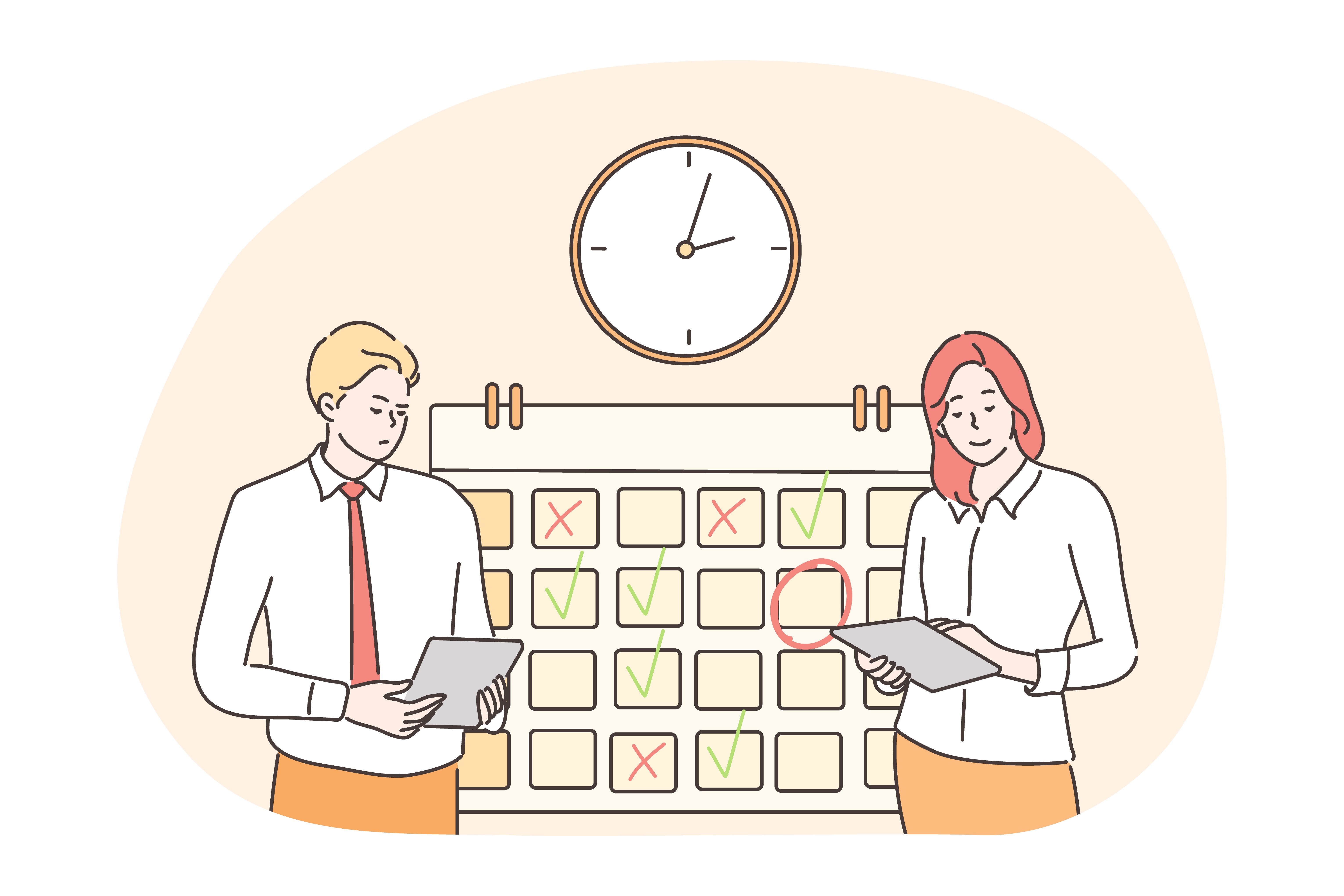 Time management, multitasking, efficiency, plan, teamwork, business concept. Business people employees manager stand near checklist together. Event organization or effective productivity optimization.. Time management, multitasking, efficiency, plan, teamwork, business concept