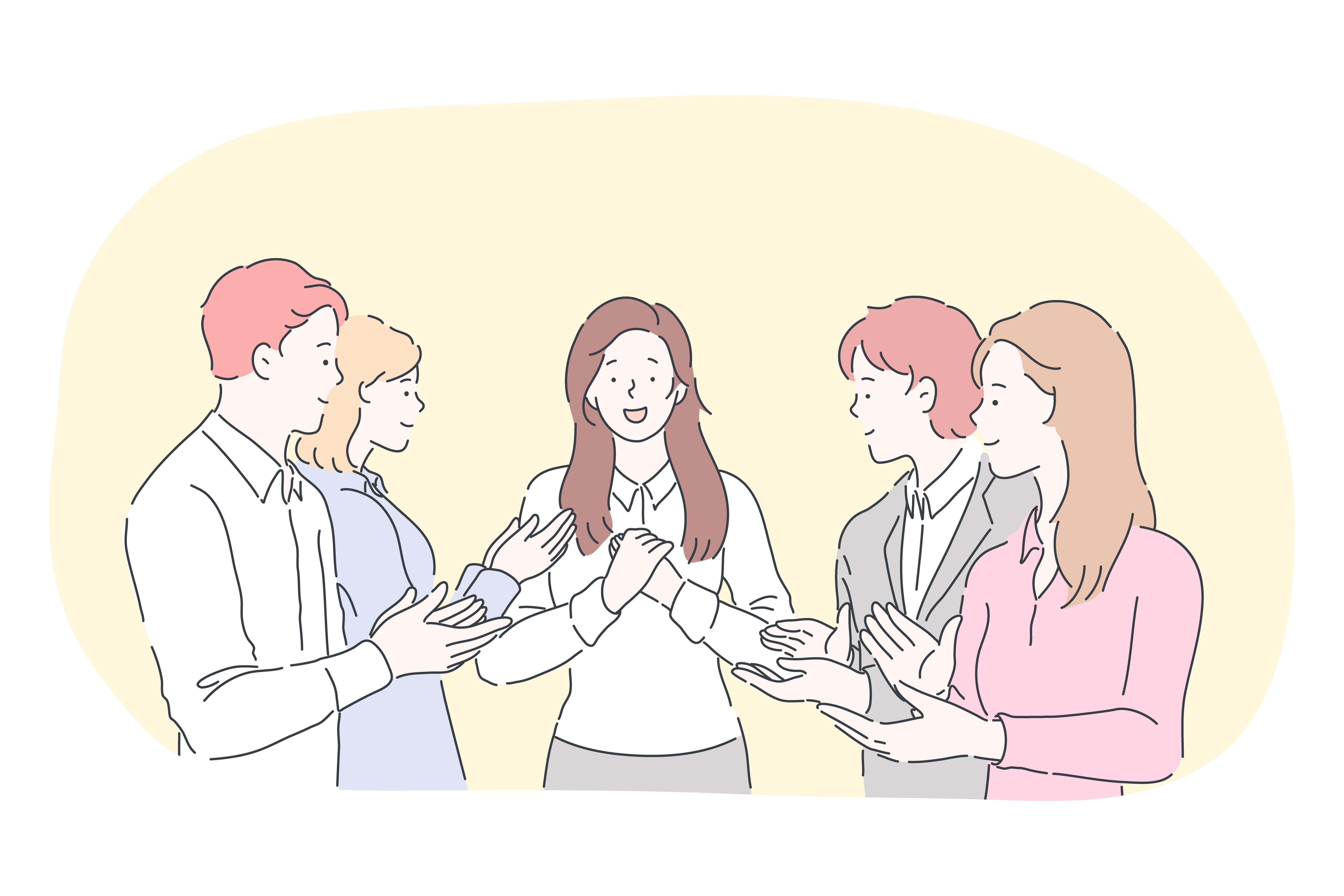 Applauding, support, congratulation concept. Young positive business people workers cartoon characters standing and applauding with hands to their partner, boss, manager, coworker in office . Applauding, support, congratulation concept