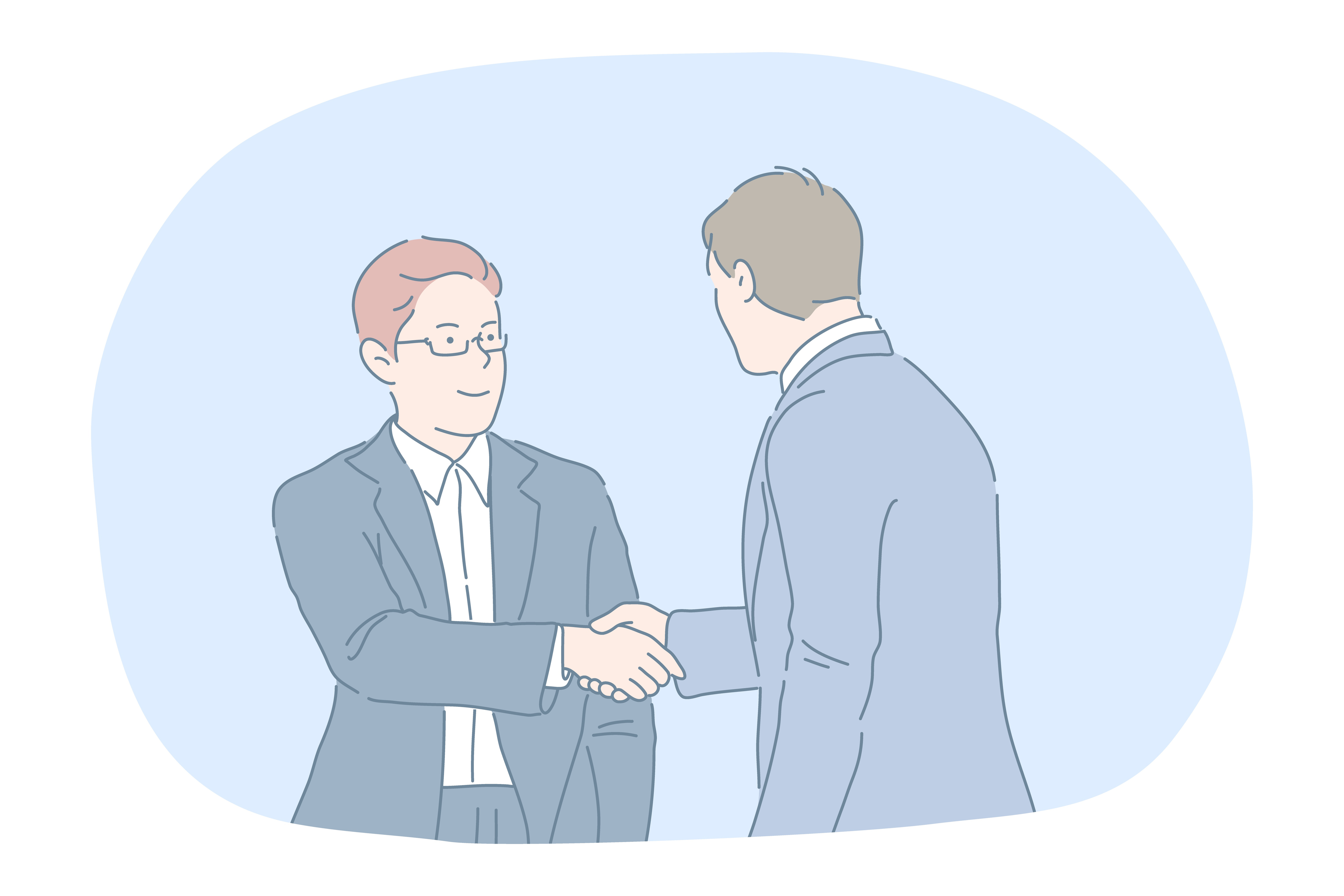 Agreement, deal, business, successful negotiations, teamwork concept. Young businessmen in official suits cartoon characters standing and shaking hands after negotiations in office . Agreement, deal, business, successful negotiations, teamwork concept