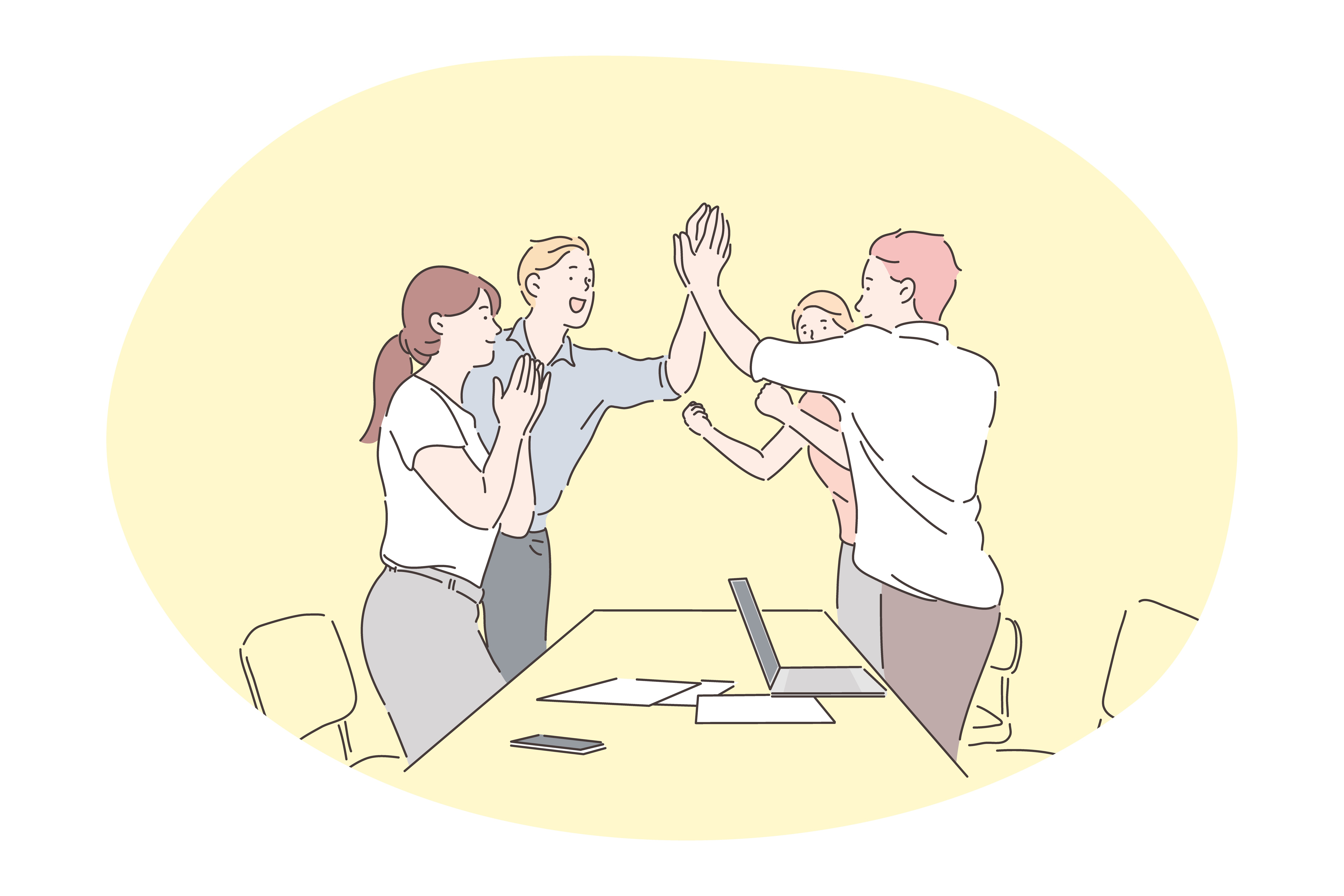 Agreement, teamwork, deal, business, successful negotiations concept. Young business people office workers partners standing and giving hands after successful negotiations or brainstorming in office . Agreement, teamwork, deal, business, successful negotiations concept