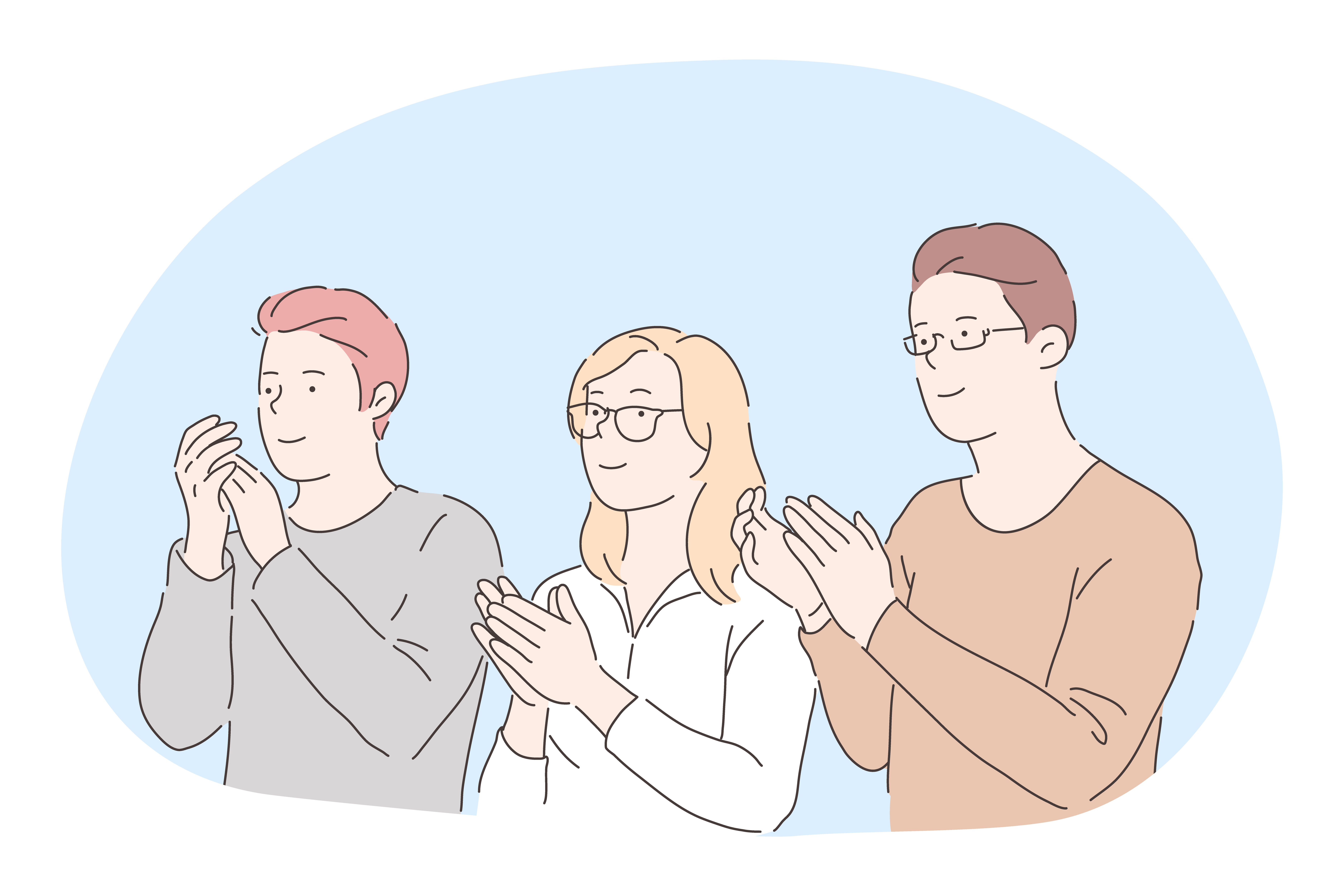 Applauding, support, congratulation concept. Three young positive people cartoon characters standing, looking aside and applauding with hands to partner or colleague. Applause, clapping, approval. Applauding, support, congratulation concept
