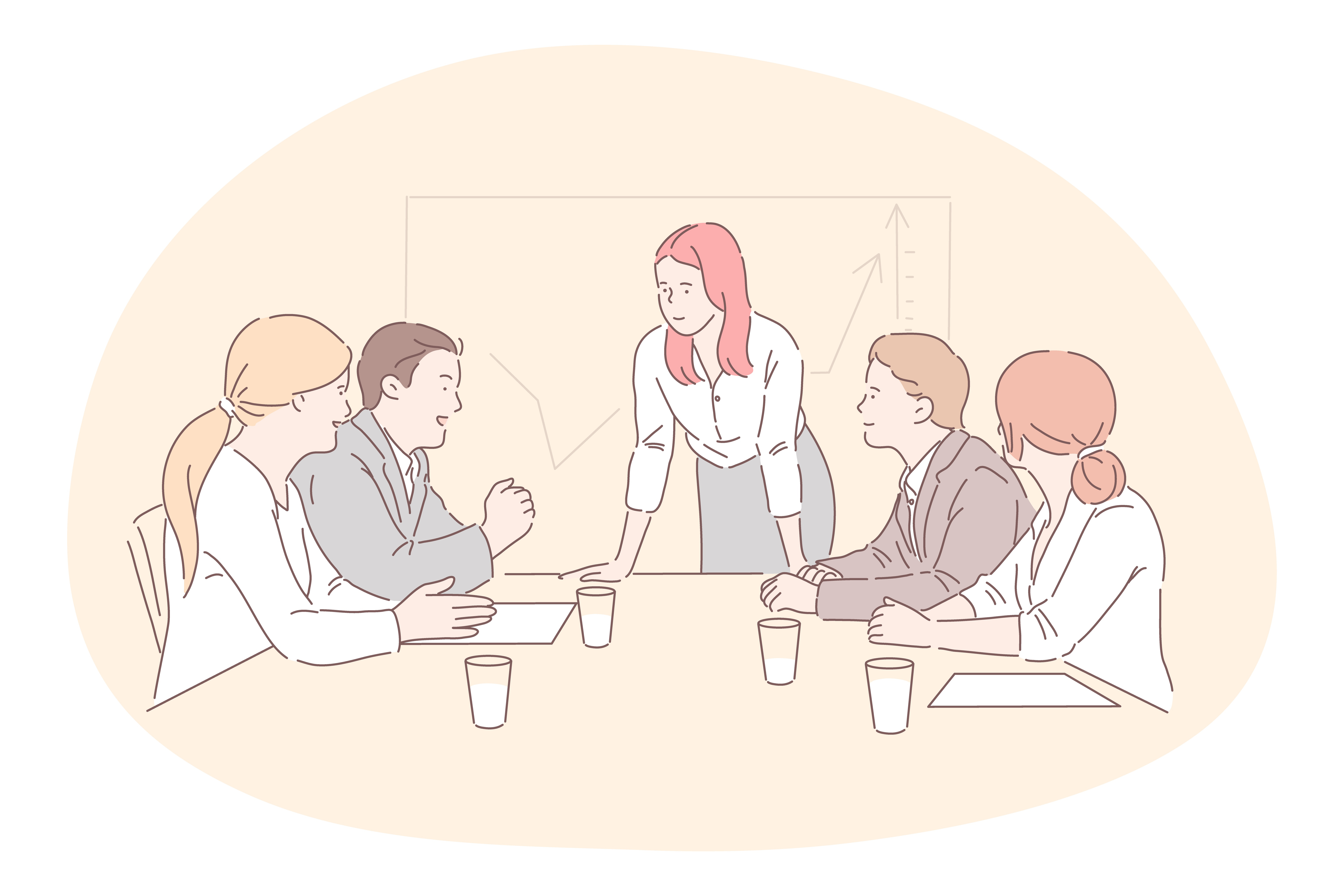 Meeting, teamwork, analysis, cooperation, business concept. Team of businessmen women managers partners colleagues collaborate discussing project at office together. Planning strategy or brainstorming. Meeting, teamwork, analysis, cooperation, brainstorming, business concept