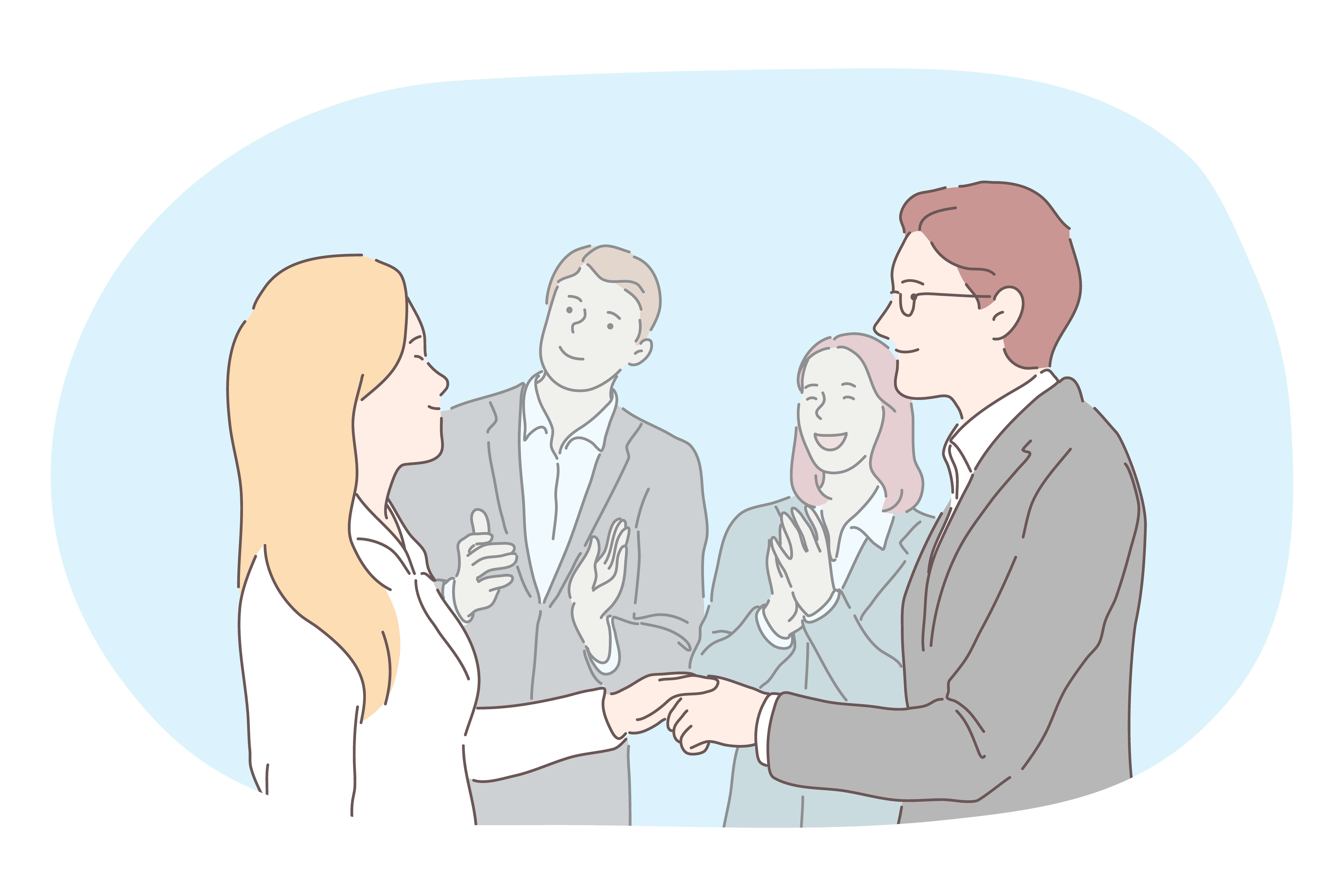 Agreement, deal, business, successful negotiations, teamwork concept. Young business people man and woman cartoon characters standing shaking hands after negotiations over smiling clapping colleagues. Agreement, deal, business, successful negotiations, teamwork concept