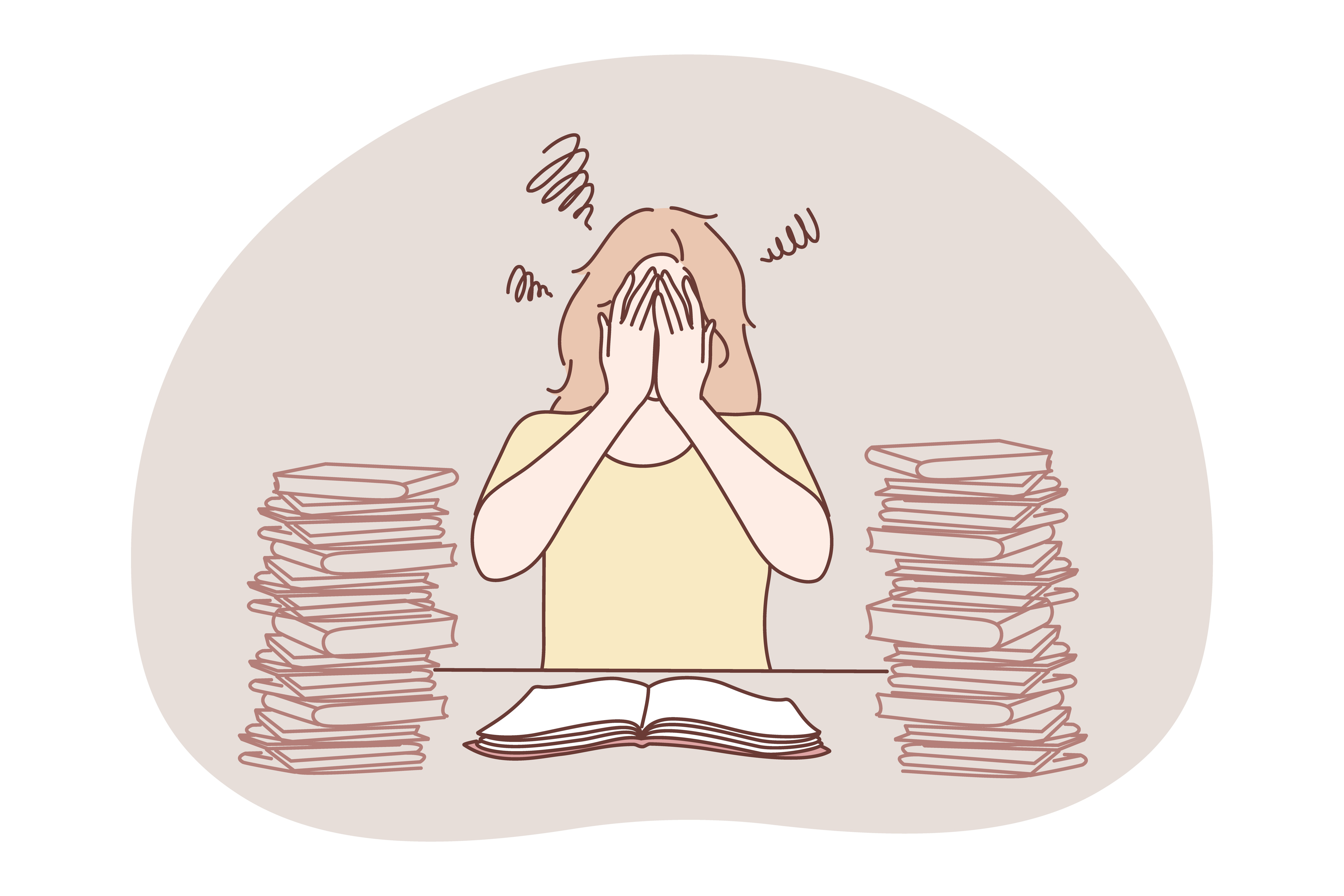 Stress, overwork, overload, burnout concept. Young unhappy frustrated woman cartoon character sitting with heap of books or working documents, covering face with hands and feeling stress tiredness . Stress, overwork, overload, burnout concept