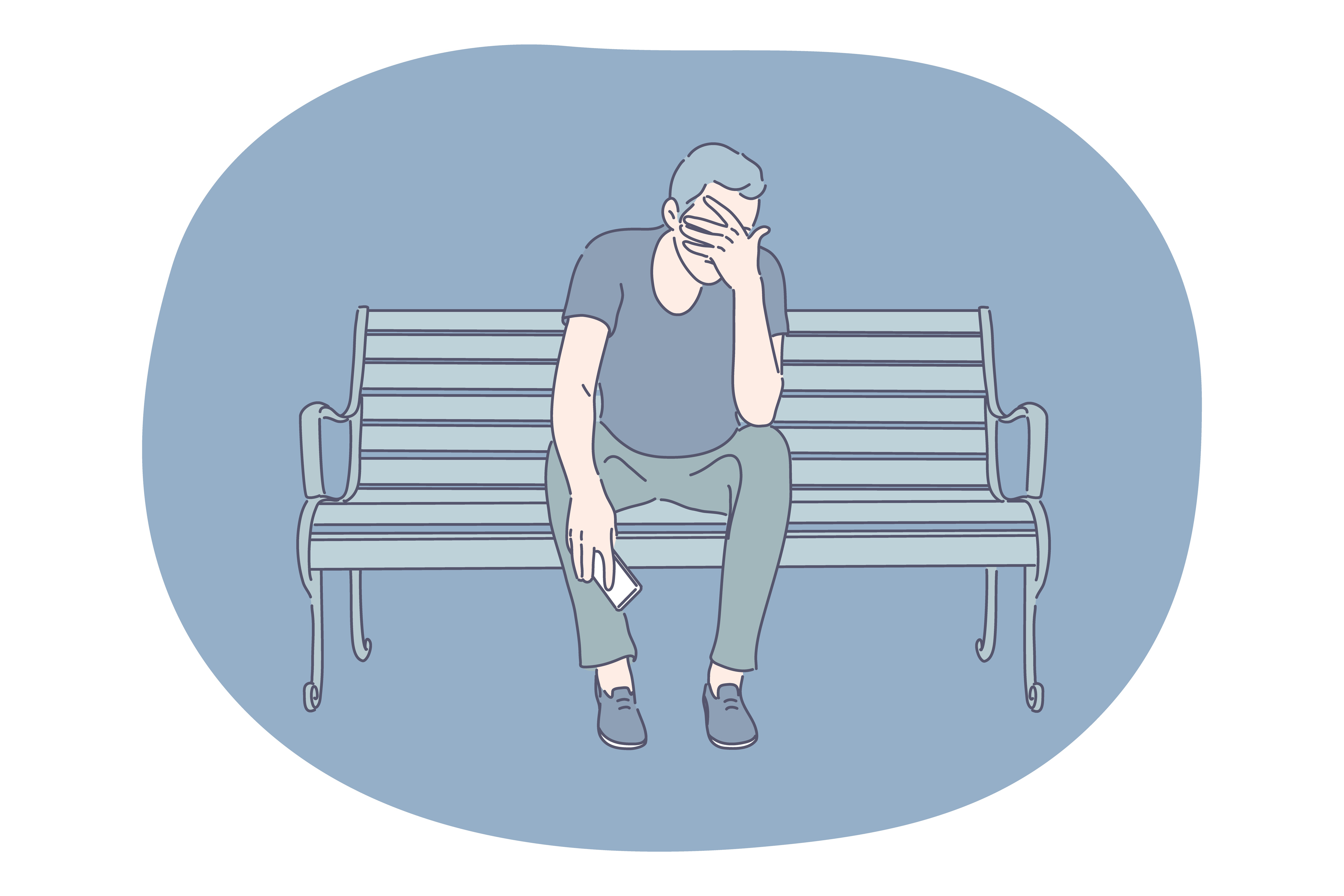 Sadness, stress, loneliness, mental depression, grief, breaking up, quarrel concept. Young man cartoon character sitting on bench covering face with hands and suffering from deep depression or grief . Sadness, stress, loneliness, mental depression, grief, breaking up, quarrel concept