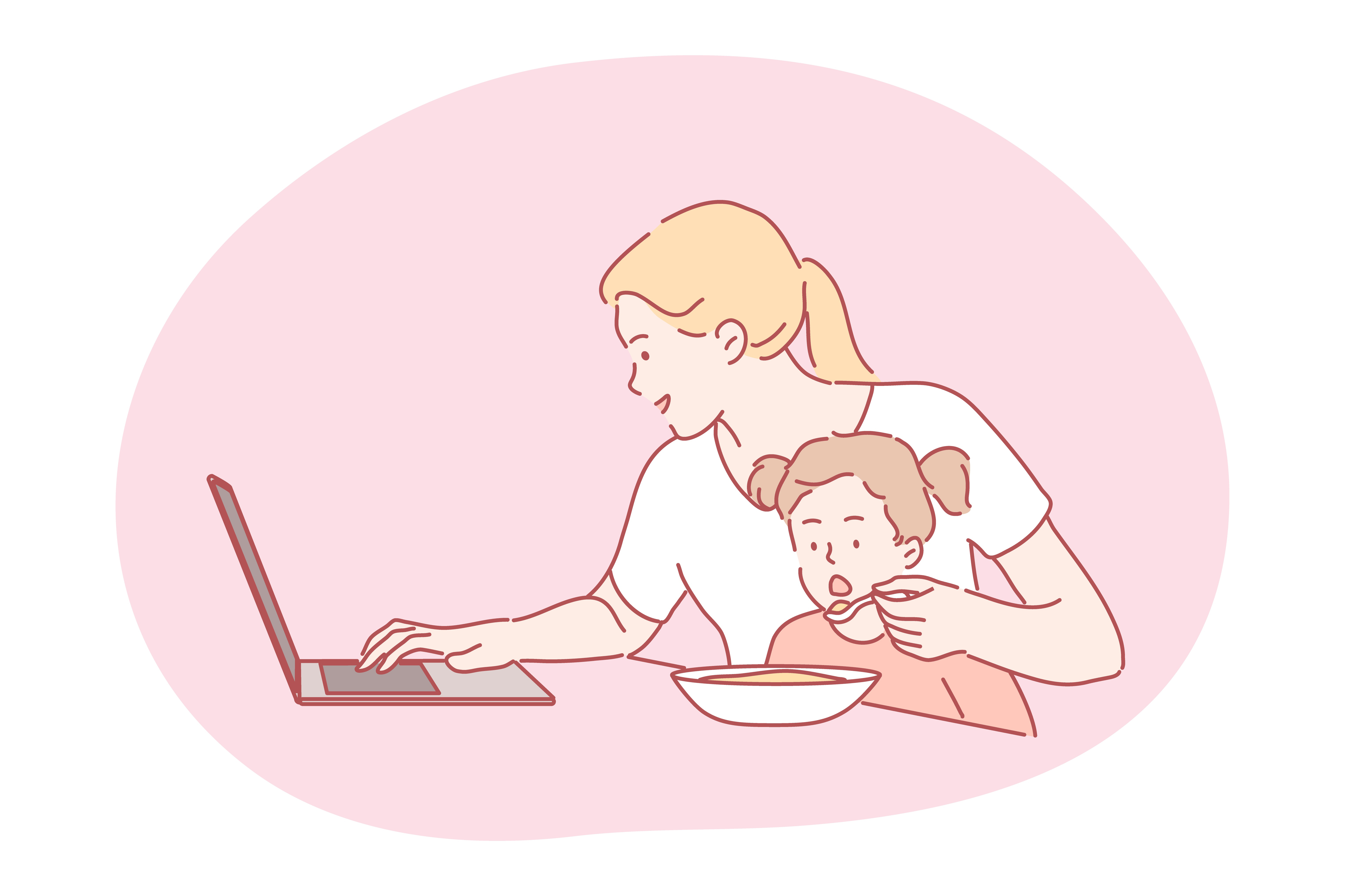Business, quarantine, motherhood, freelance, childhood concept. Busy businesswoman freelancer mum working home on distance feeding hungry child kid daughter. Remote work multitasking and mothers day.. Work, multitasking, motherhood, mothers day concept