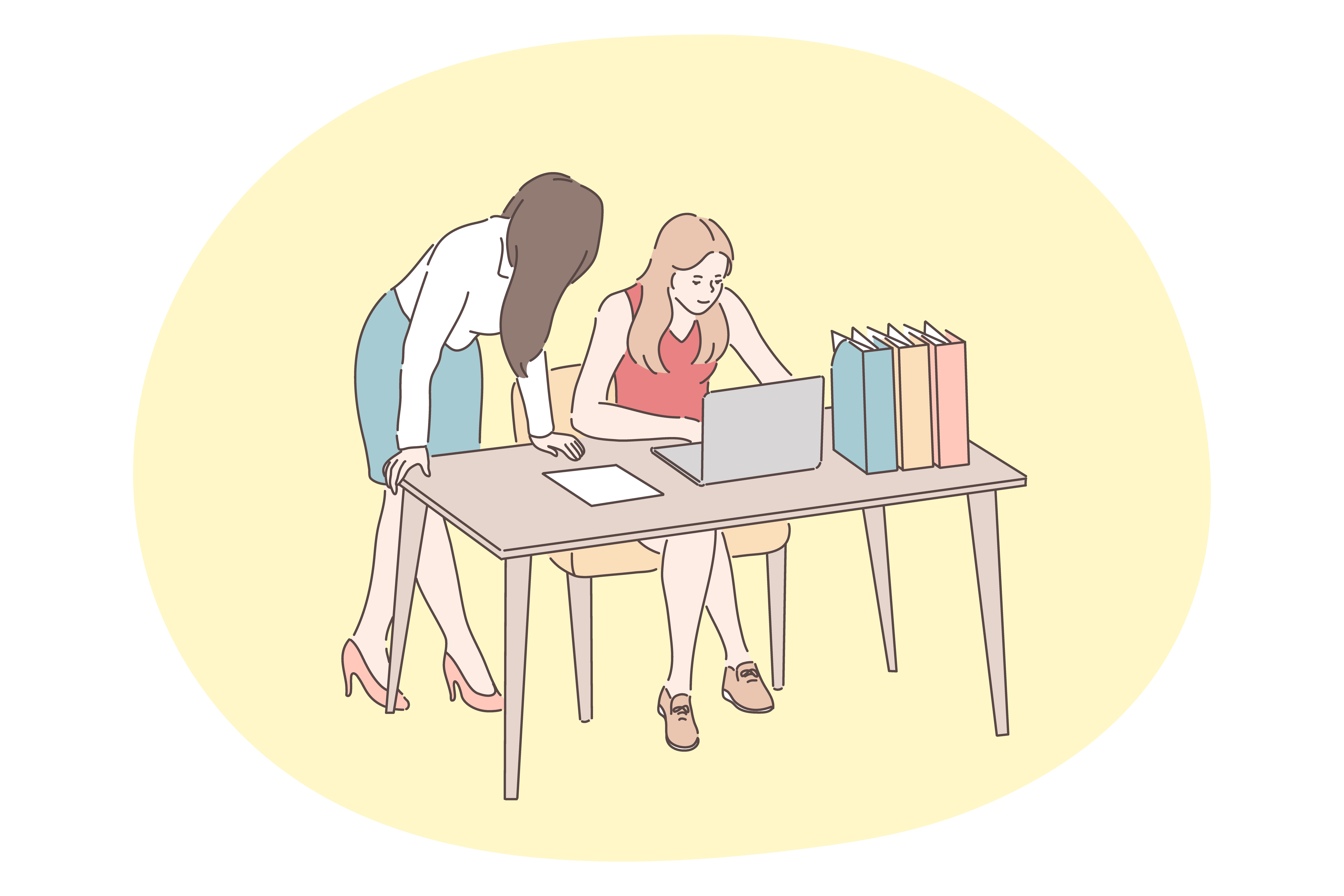 Coworking, business, partnership, discussion concept. Young women business partners coworkers cartoon characters discussing strategy working near laptop with corporate task together in office . Coworking, business, partnership, discussion concept