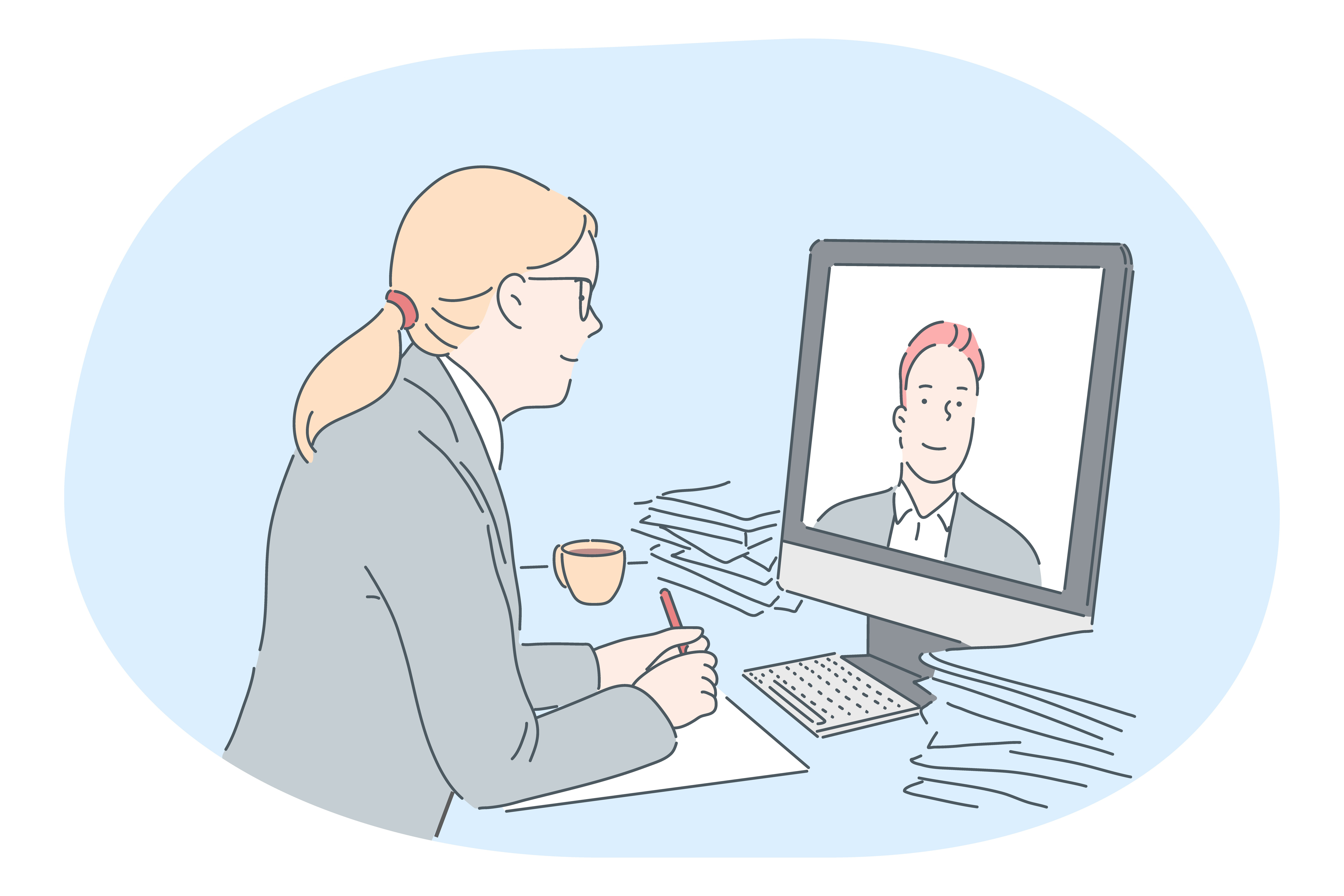Online meeting, business communication, distant work, teleconference concept. Young business lady cartoon character sitting and communicating with colleague online during video call online conference. Online meeting, business communication, distant work, teleconference concept