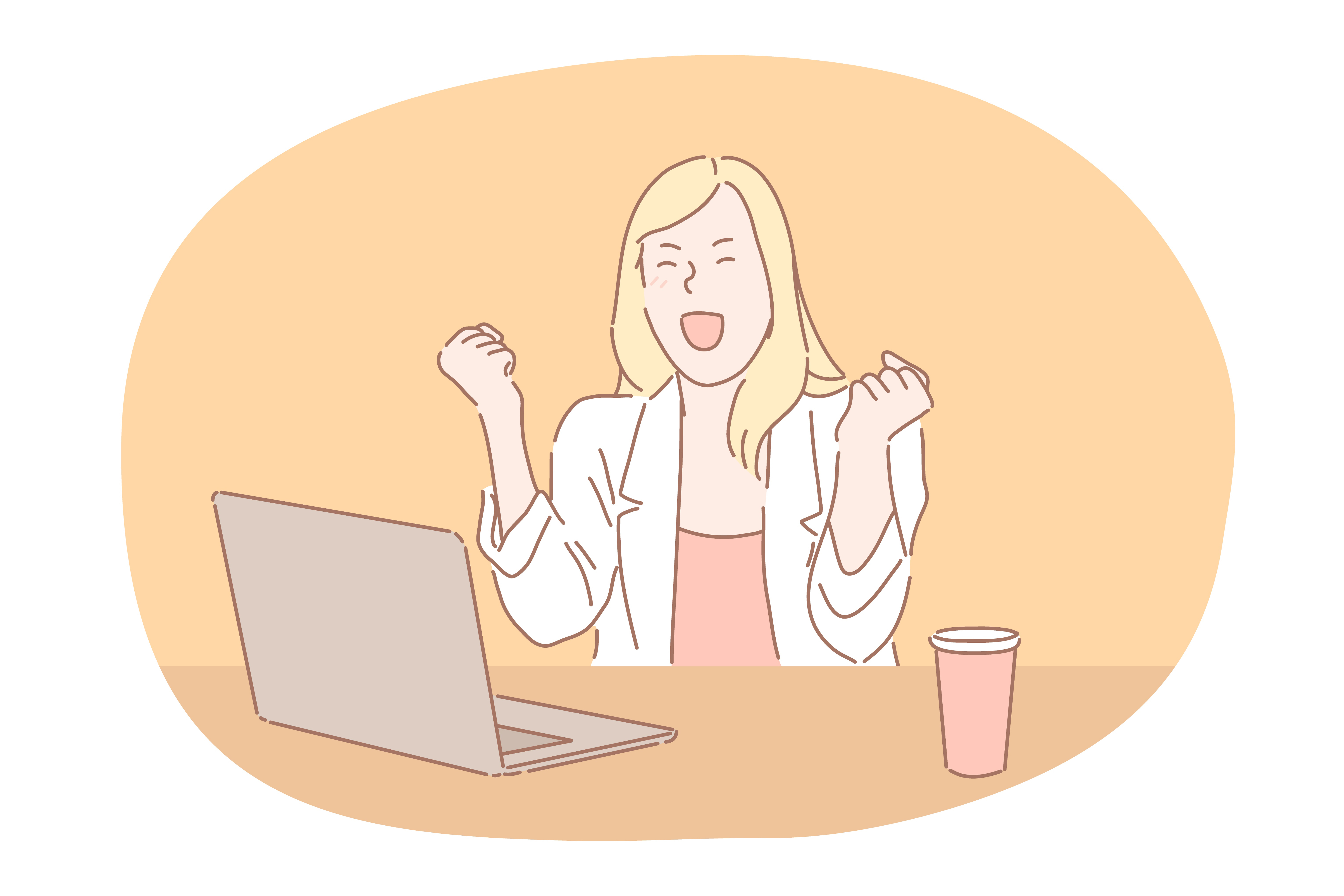 Happiness, business success, win, leader, development concept. Young business lady cartoon character sitting near laptop and expressing happiness with fists. eyes closed and laughing in office . Happiness, business success, win, leader, development concept