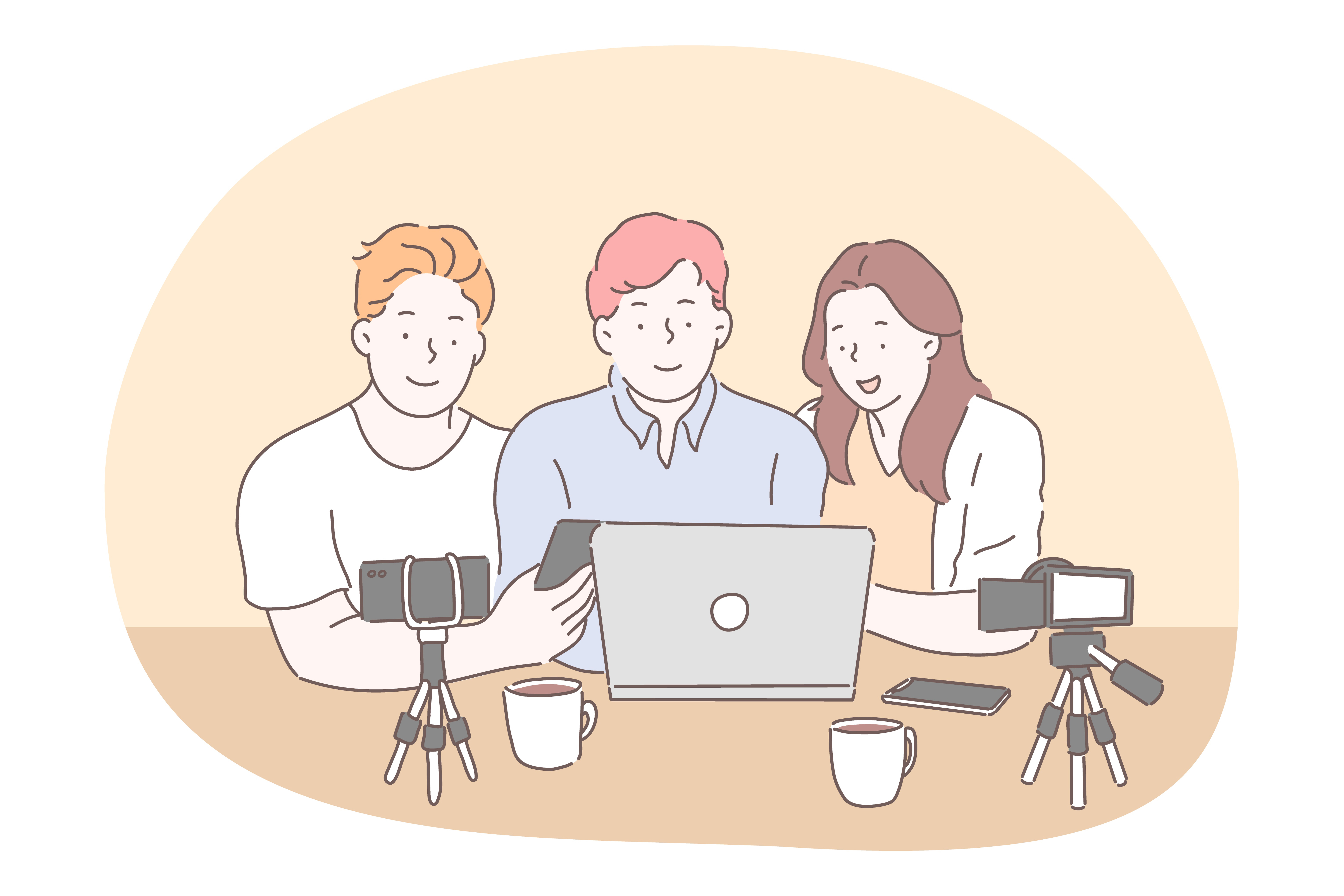 Blogging, vlogging, sharing video content online concept. Teen boys and girl cartoon characters sitting with smartphone cameras on tripods and laptop and preparing for recording video for sharing . Blogging, vlogging, sharing video content online concept