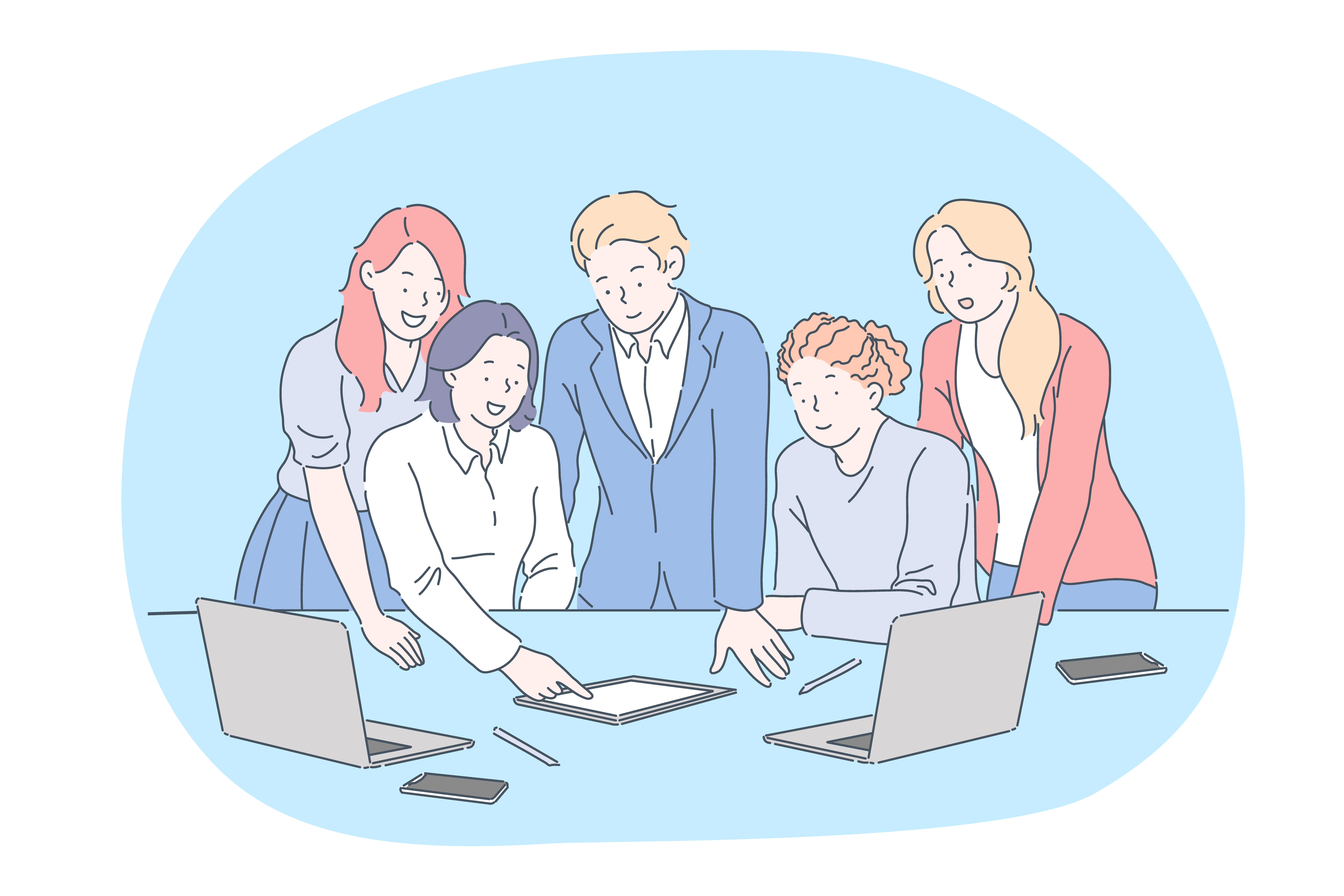 Coworking, brainstorm, business, partnership, team, discussion concept. Business people team partners coworkers cartoon characters discussing working strategy and startup in office together in team. Coworking, brainstorm, business, partnership, team, discussion concept