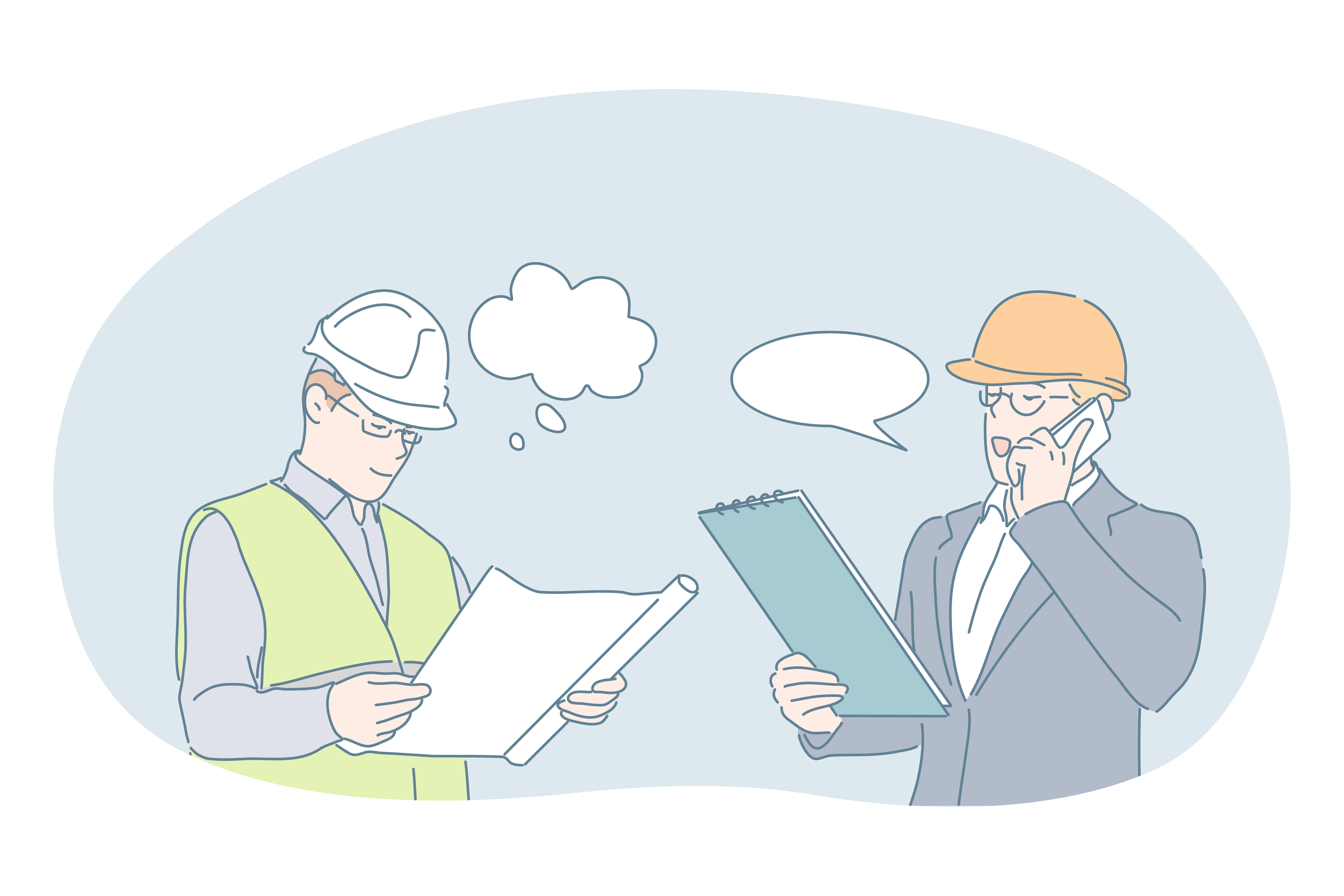 Engineering and construction business concept. Men professional engineer and construction manager in helmets cartoon characters learning plans of building and communicating about working project. Engineering and construction business concept