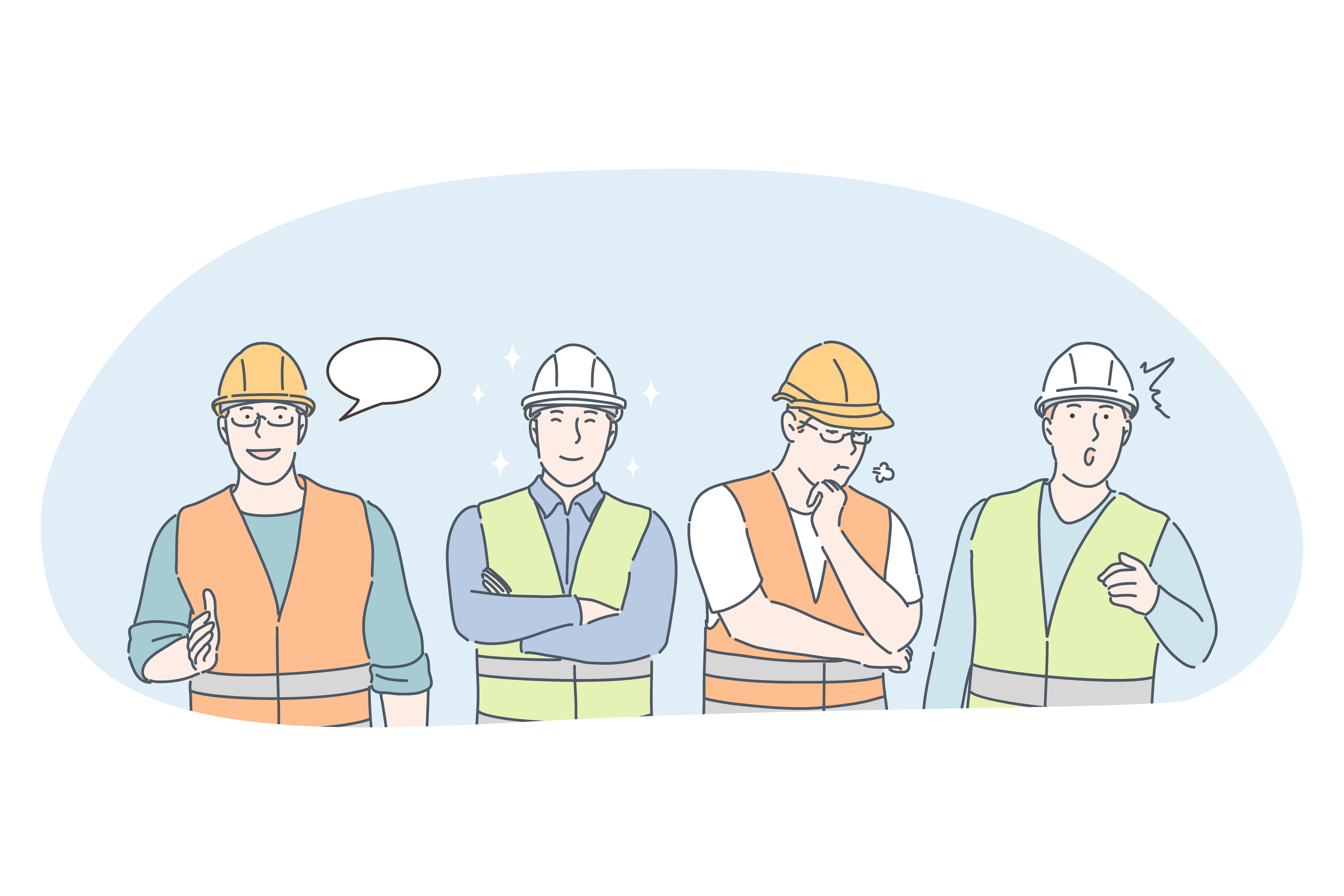 Engineering and construction workers concept. Men professional engineers, builders and managers cartoon characters in protective helmets and uniform communicating and discussing building projects . Engineering and construction workers concept