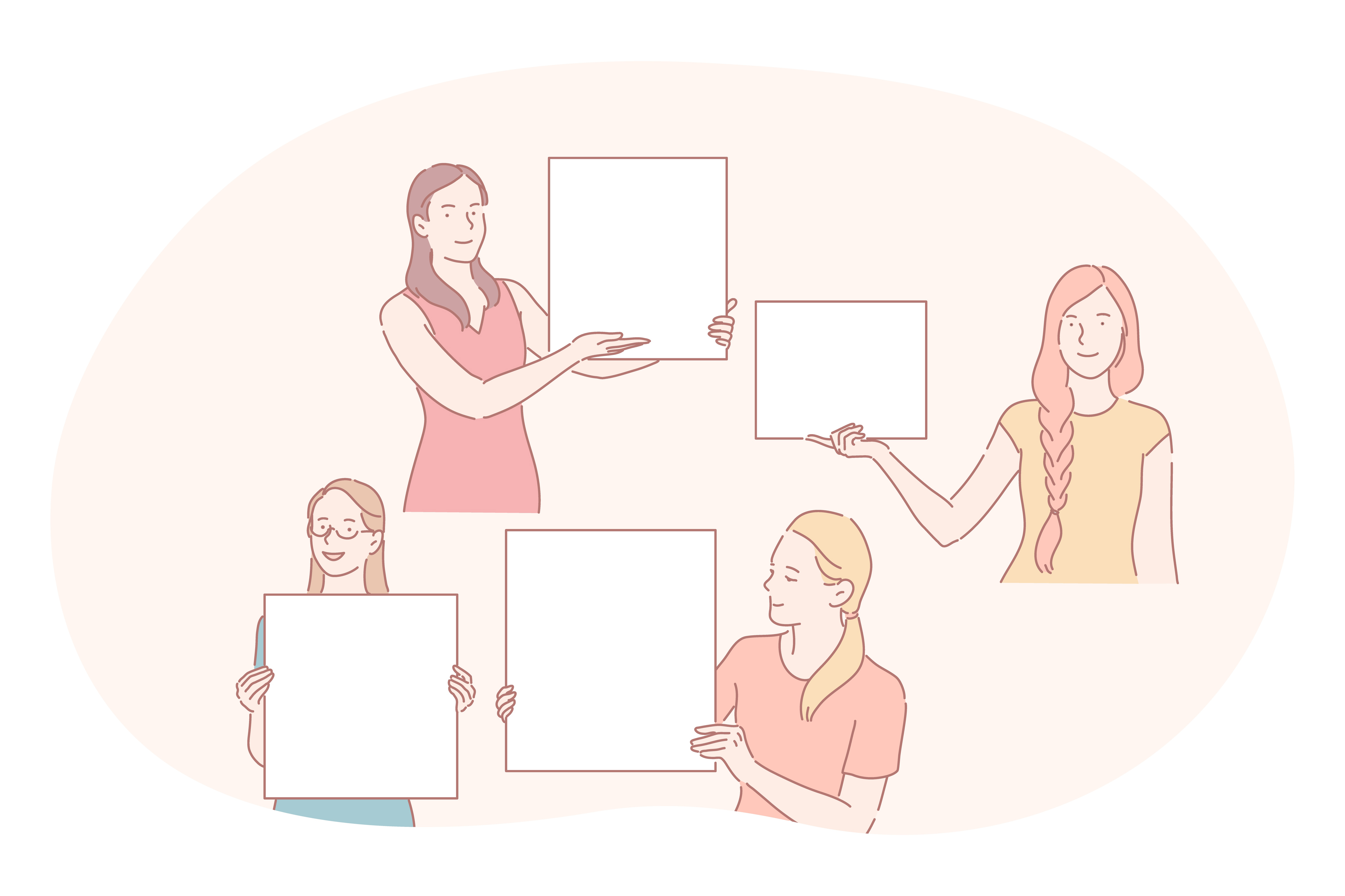 Demonstration, promotion, advertisement concept. Young positive women cartoon characters standing and holding white blank placards with copy space for text and advertising isolated over white. Demonstration, promotion, advertisement concept