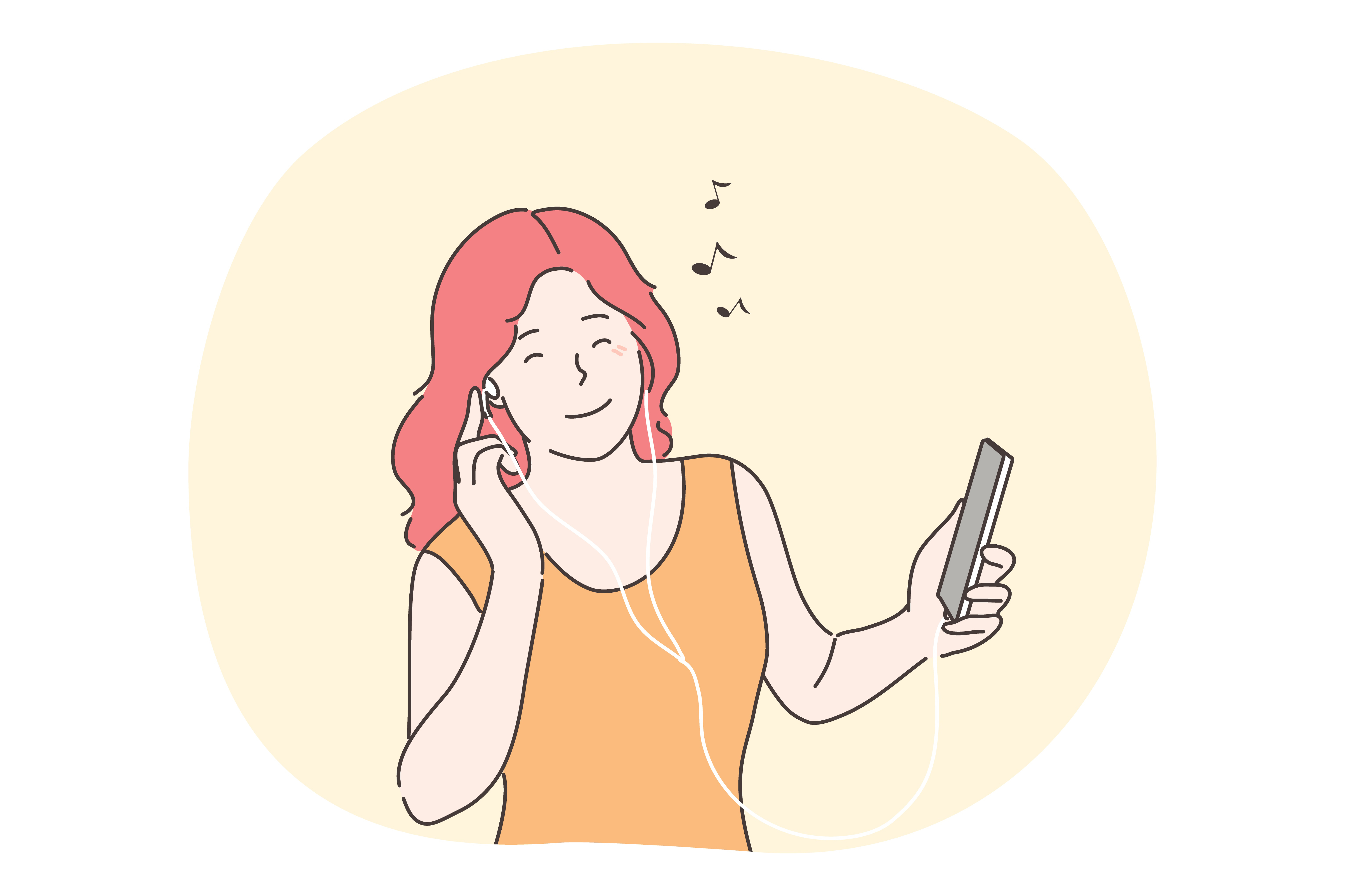 Woman listening to music concept. Young happy smiling girl teenager cartoon character holding smartphone enjoys musical songs sound in headphones and having fun. Leisure time and home recreation.. Woman listening music concept