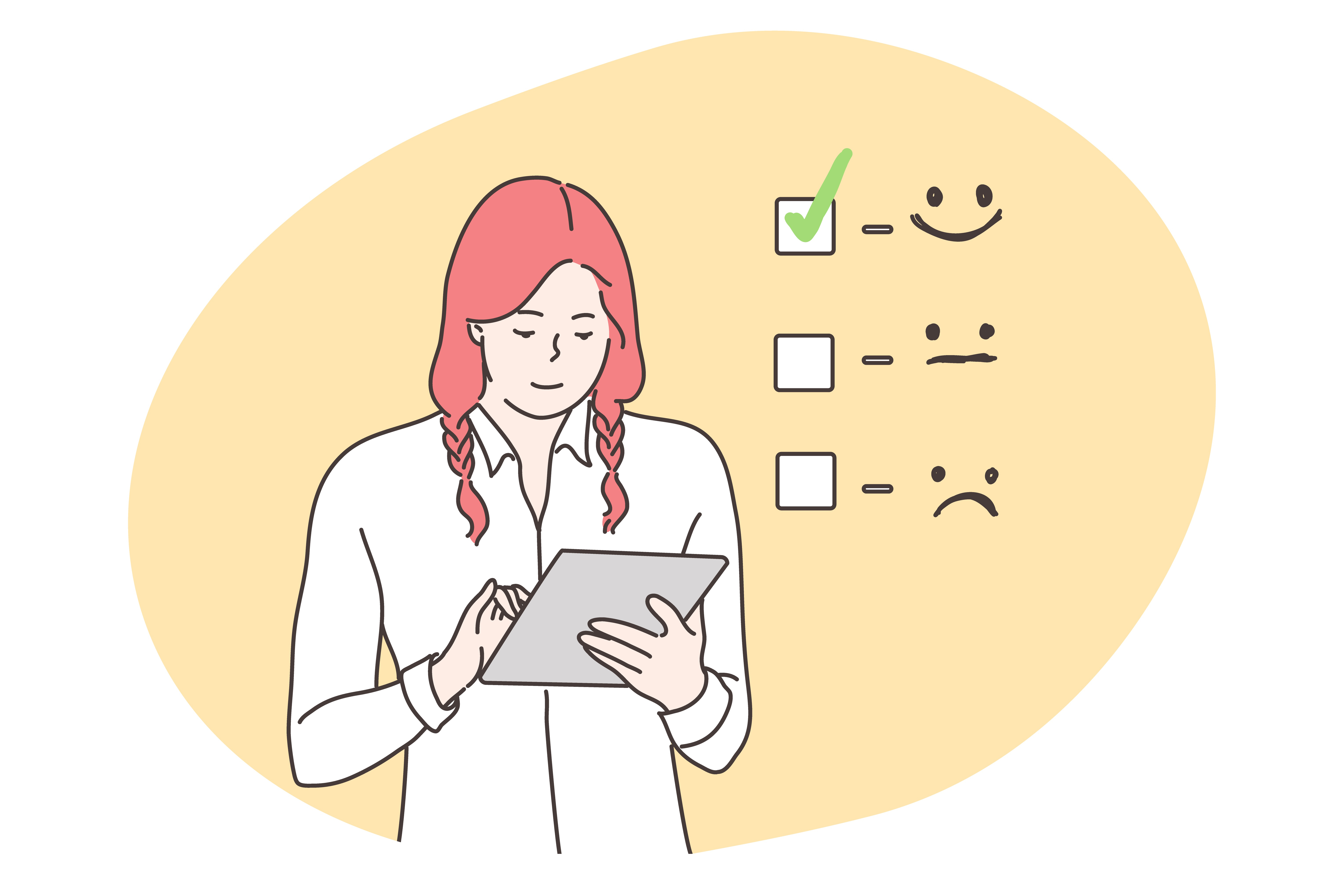 Customer assessment, business, feedback concept. Smiling businesswoman consumer cartoon character giving excellent rank comment for online survey. Marketing research and client experience illustration. Customer assessment, business, feedback concept