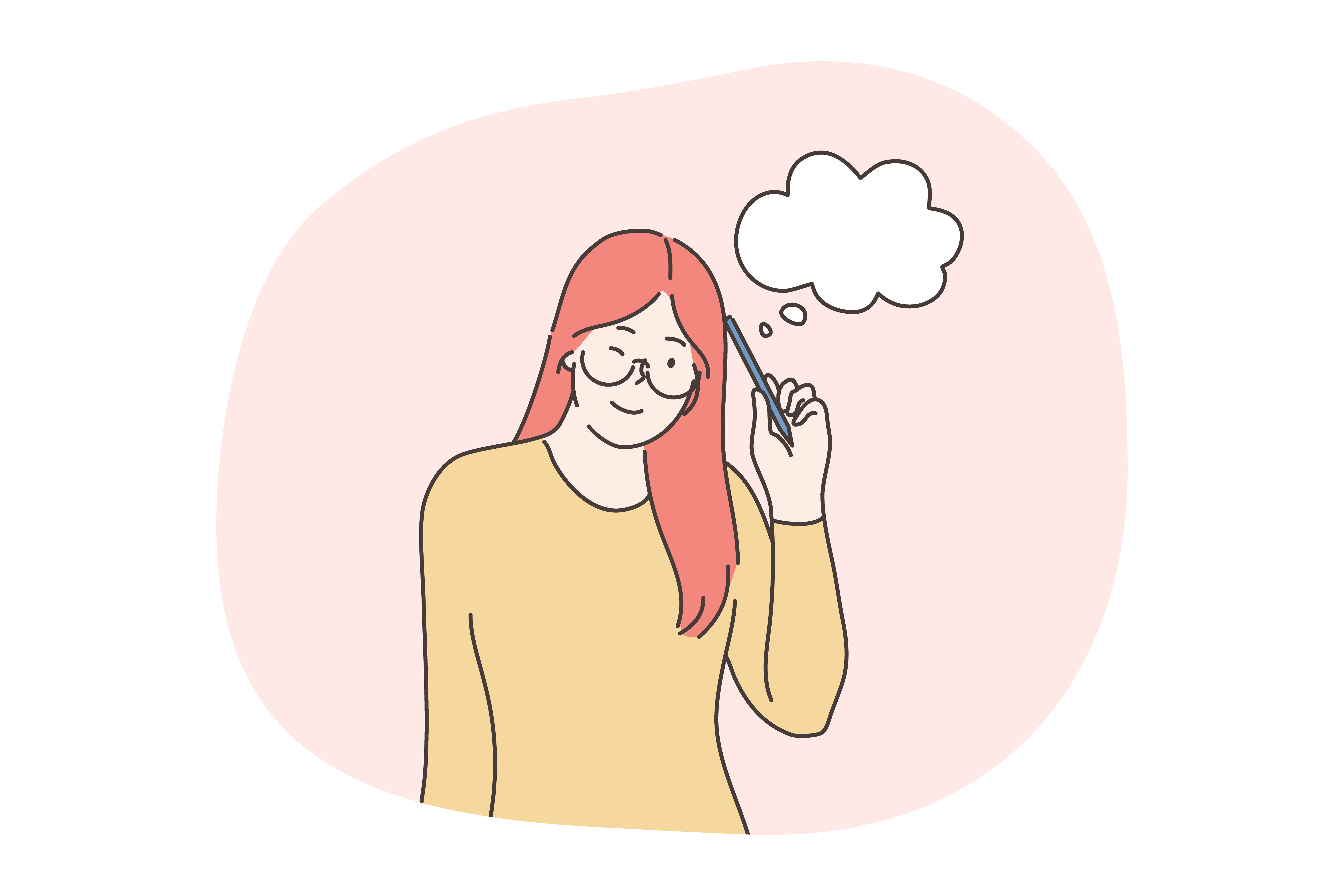 Thinking, having idea, doubt, brainstorm concept. Young red haired positive girl teen student cartoon character standing and thinking with pencil leaning on head with white cloud thoughts sign . Thinking, having idea, doubt, brainstorm concept