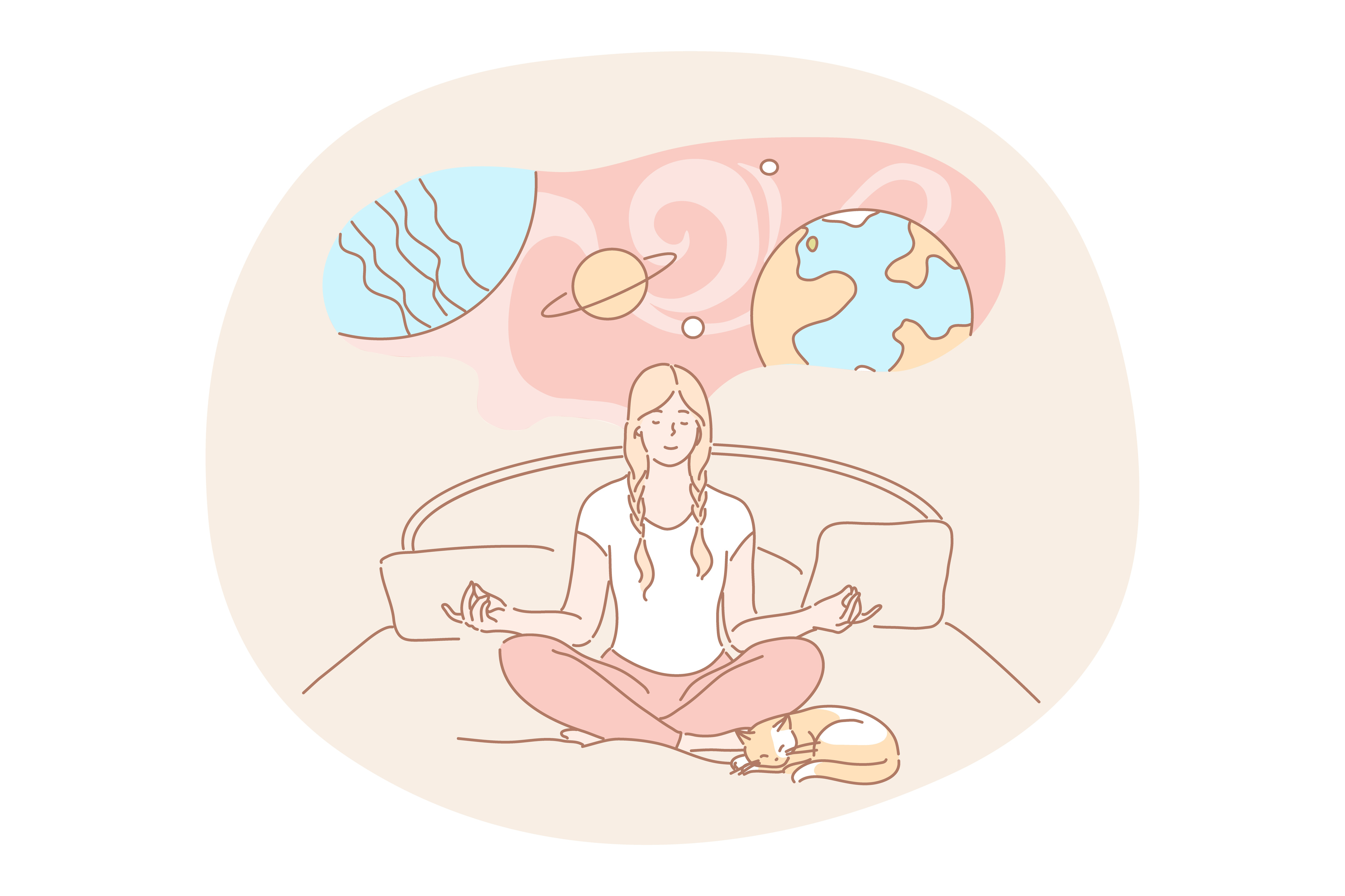 Yoga, meditation, imagination concept. Calm woman cartoon character meditating dreaming doing yoga exercises in lotus pose. Imagination or dream expansion of consciousness and imaginative mindset.. Yoga, meditation, imagination concept