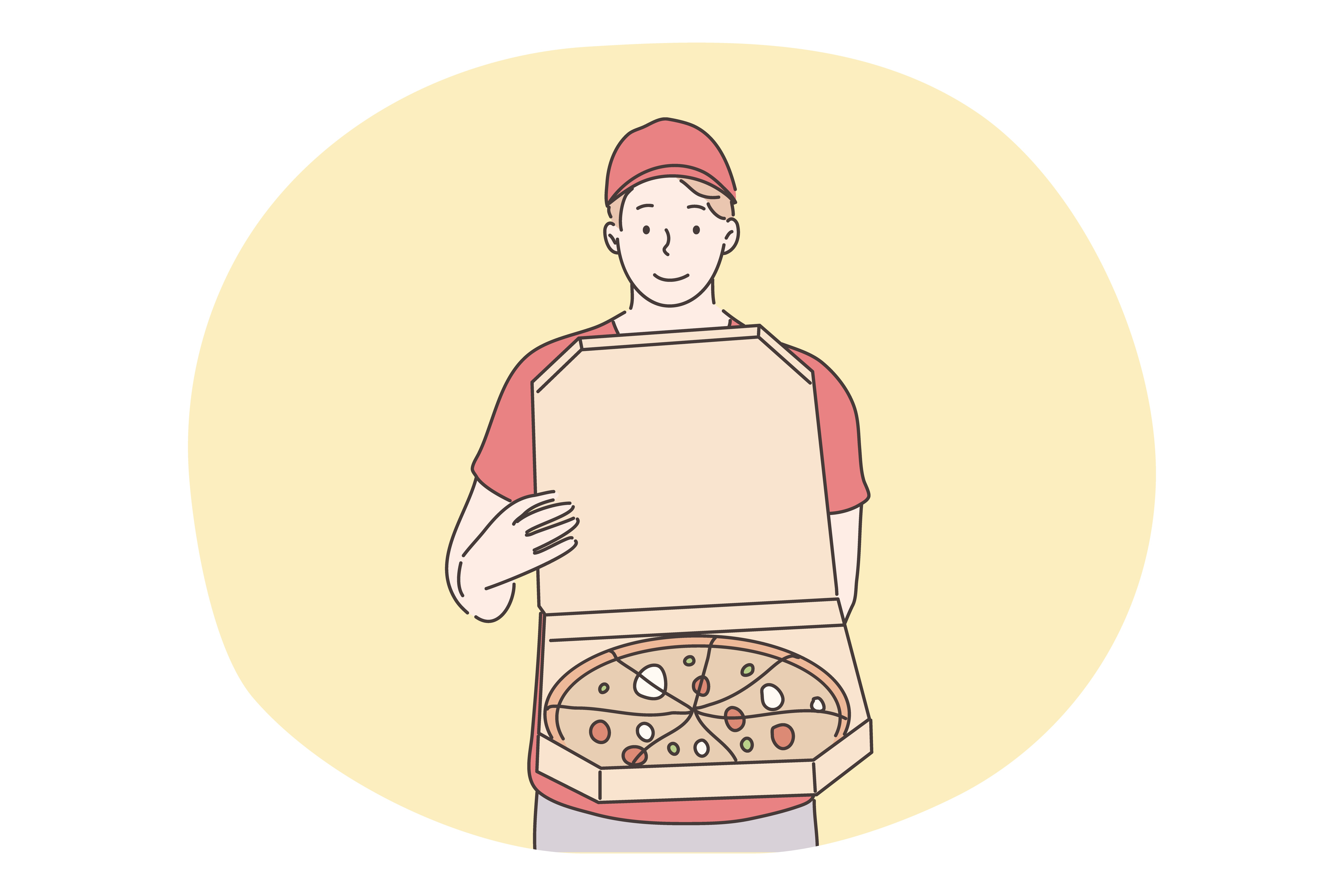Pizza, home food delivery concept. Young smiling man boy courier supplier cartoon character standing with online order pizza cutting on slices. Fast supply service and ordering takeout illustration.. Pizza, home fastfood delivery concept.