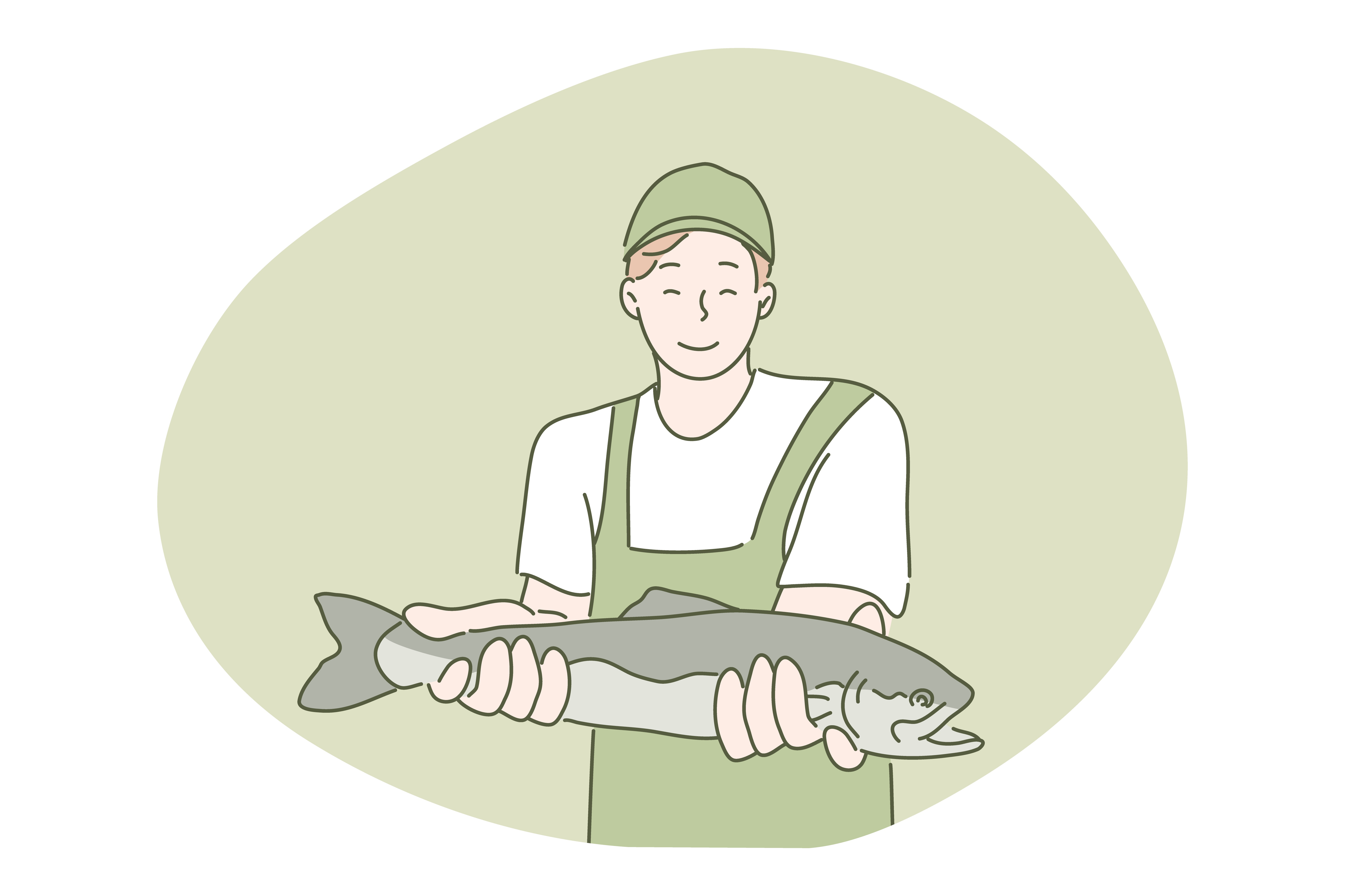 Hobby, fishing, catch concept. Young happy smiling man angler fisherman cartoon character showing fish and looking at camera. Summertime holiday recreation and active lifestyle vector illustration.. Hobby, fishing, catch concept