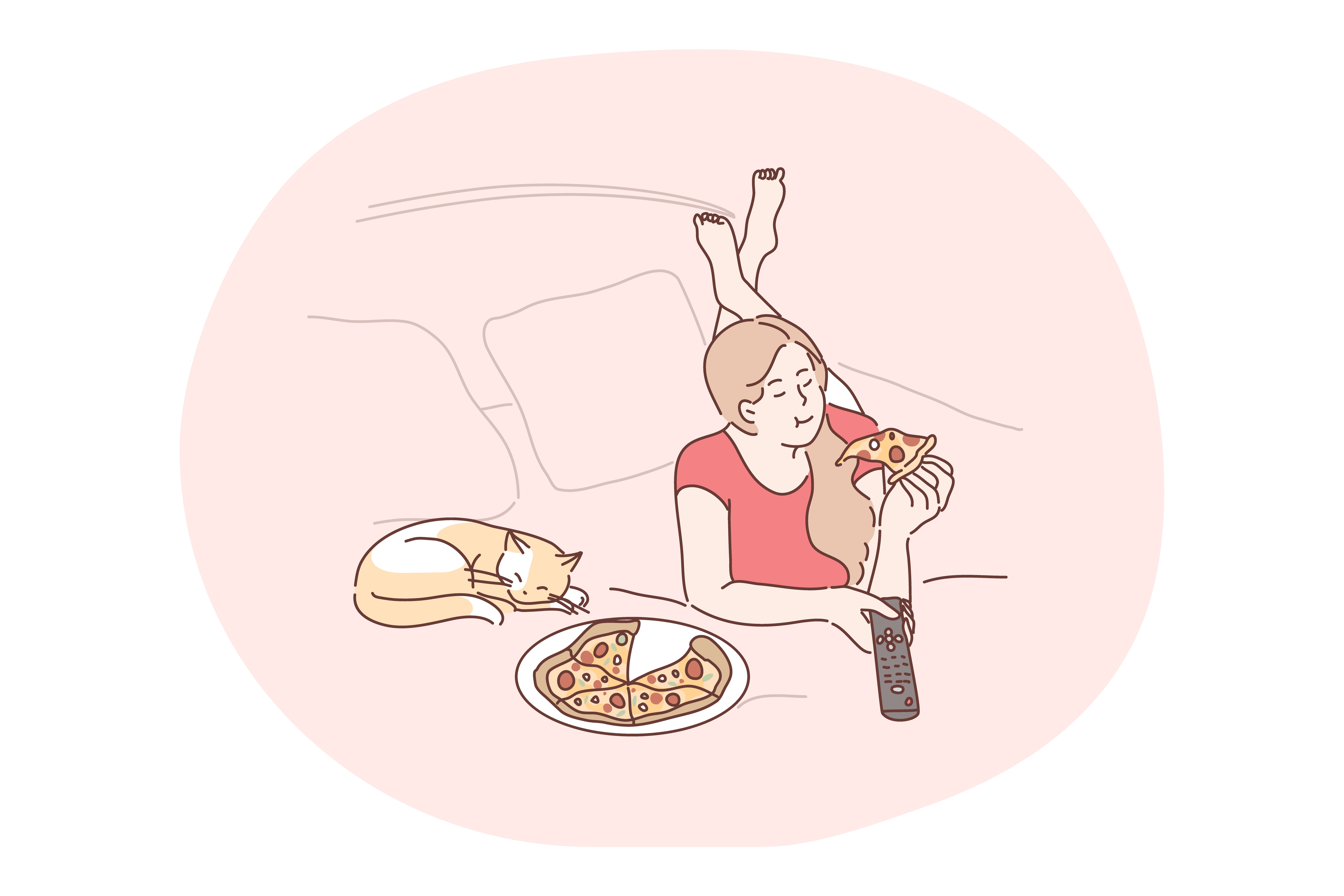Pizza delivery service, relax in bed with movie and pizza concept. Young girl cartoon character staying in bed, watching television and eating delivered pizza at home with sleeping cat nearby. Pizza delivery service, relax in bed with movie and pizza concept