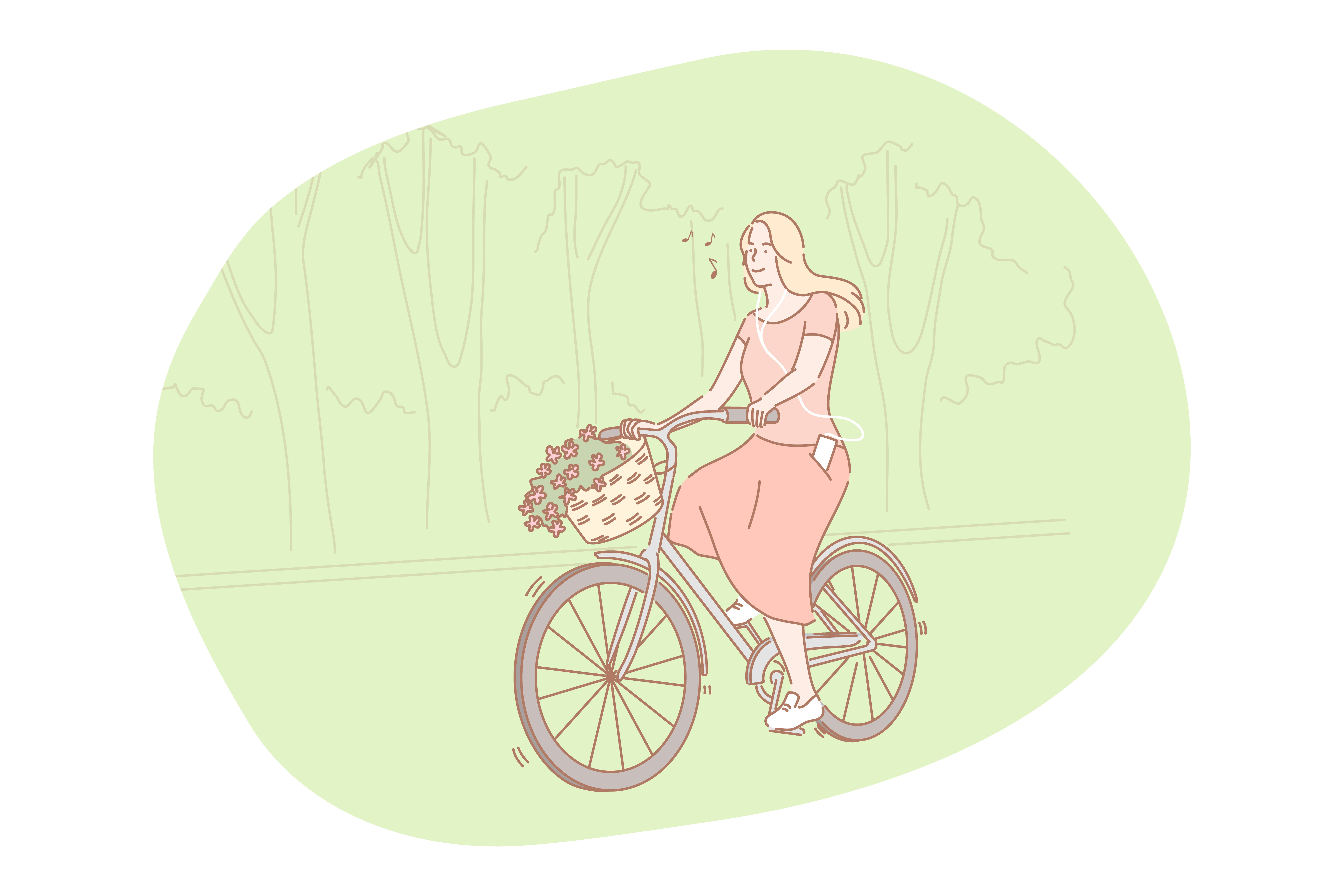 Riding bicycle in summer concept. Young smiling woman cartoon character in dress enjoying going on bicycle and listening to music in park in summer. Transportation, leisure, entertainment . Riding bicycle in summer concept