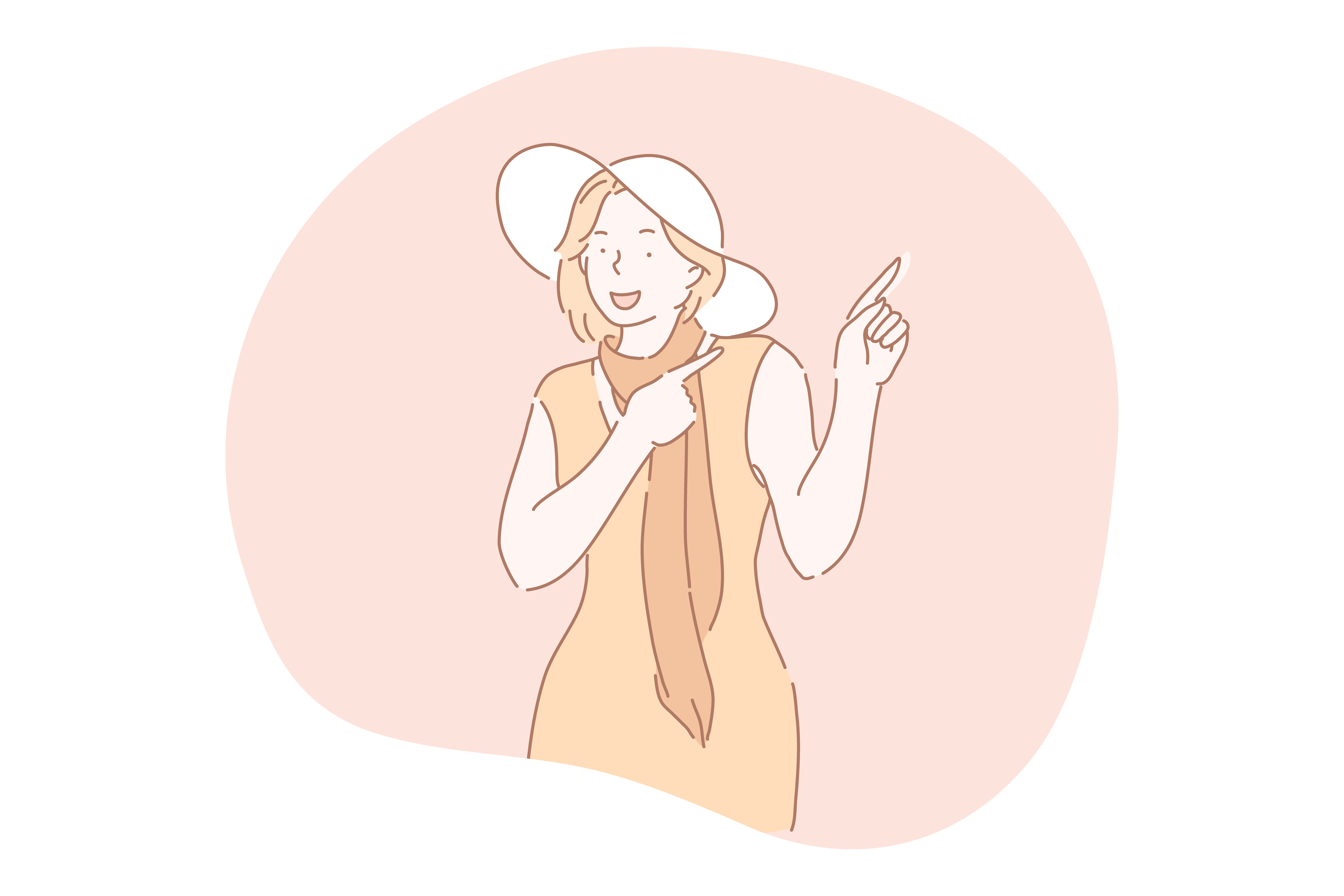 Gesture, pointing, advertisement, putting attention concept. Young smiling woman cartoon character in summer dress and hat standing and pointing aside with forefingers vector illustration. Gesture, pointing, advertisement, putting attention concept