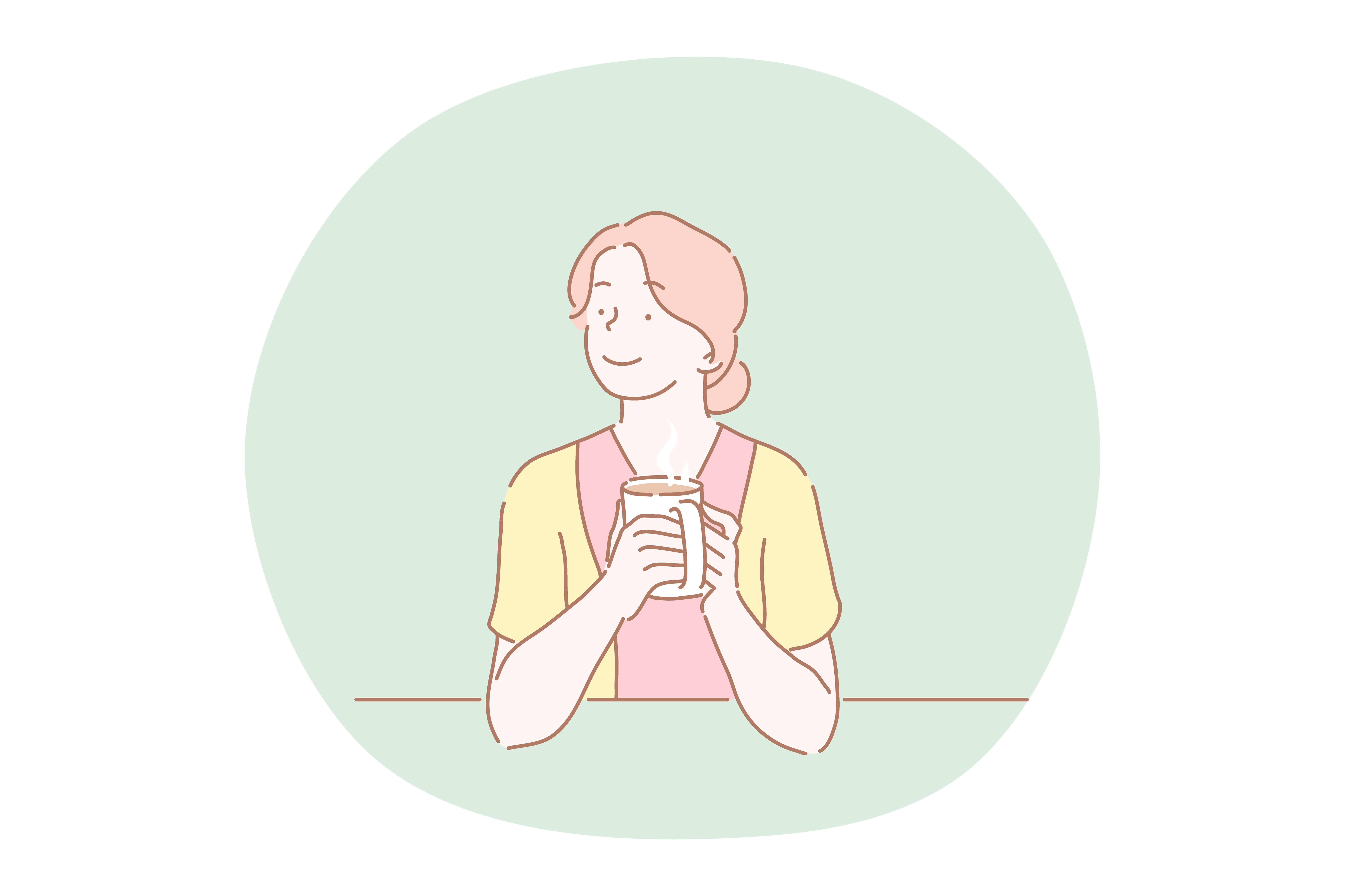 Hot drink, tea, coffee, warming up with drink concept. Young smiling woman cartoon character sitting at home or in cafe and holding mug with hot drink tea or coffee in hands vector illustration . Hot drink, tea, coffee, warming up with drink concept