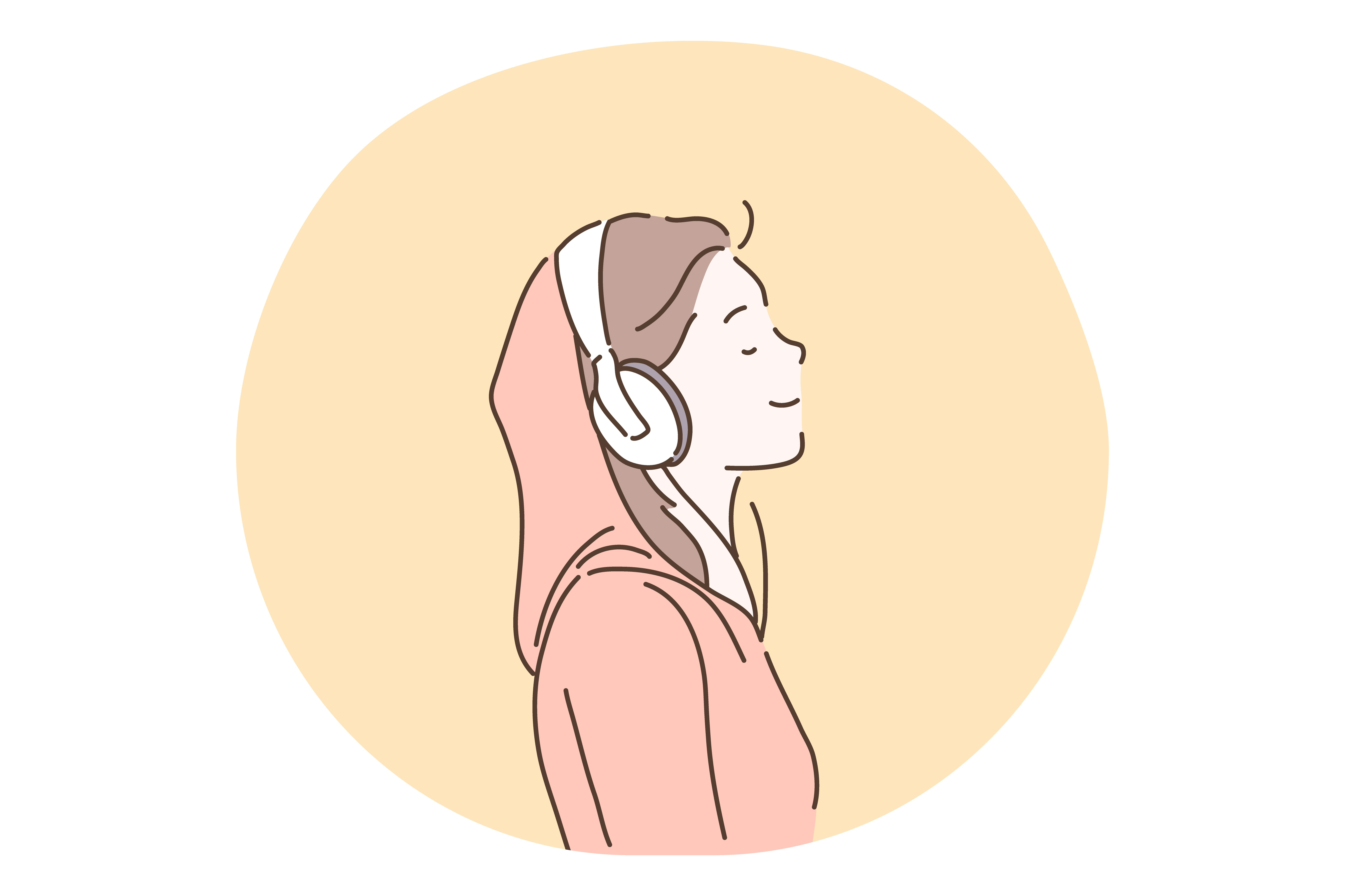 Music lover, sound, headphones, listening and enjoying concept. Young teen girl cartoon character in headphones listening to favourite music, radio or audiobook and smiling, side view . Music lover, sound, headphones, listening and enjoying concept