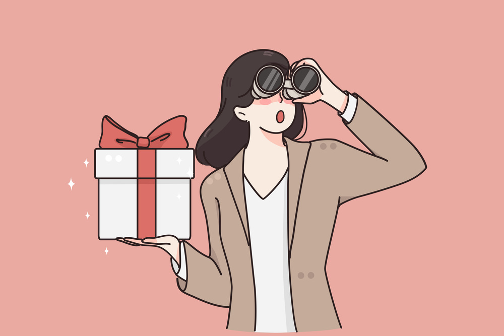 Black Friday, sales and discount concept. Young surprised woman cartoon character standing with gift box and binoculars in hands vector illustration . Black Friday, sales and discount concept