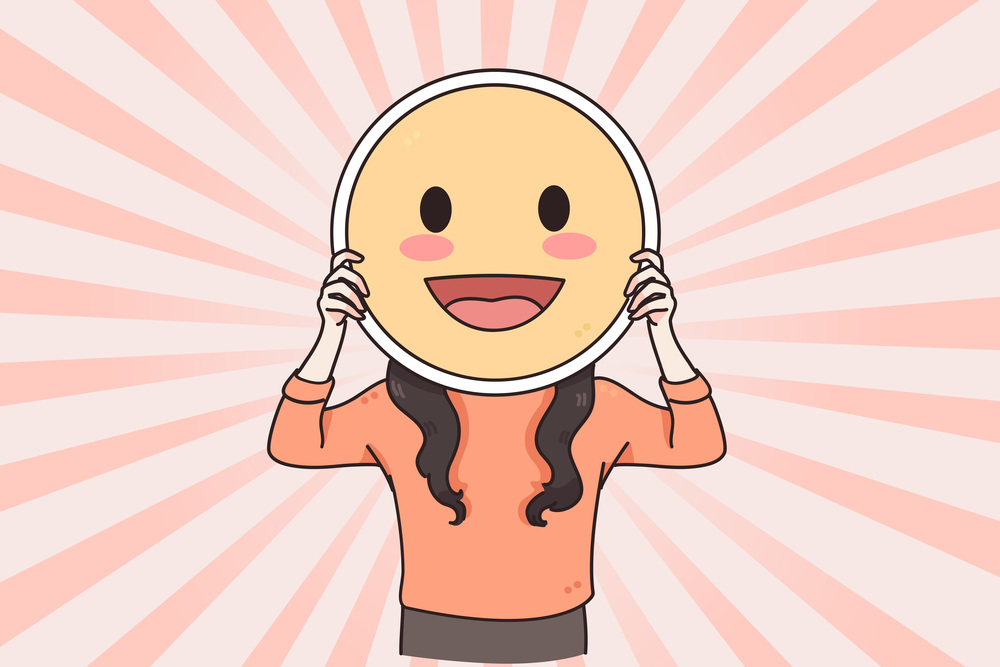 Positive emoji and copy space concept. Female hiding her face behind happy emoji smile, with copy space, happy positive emotion vector illustration . Positive emoji and copy space concept