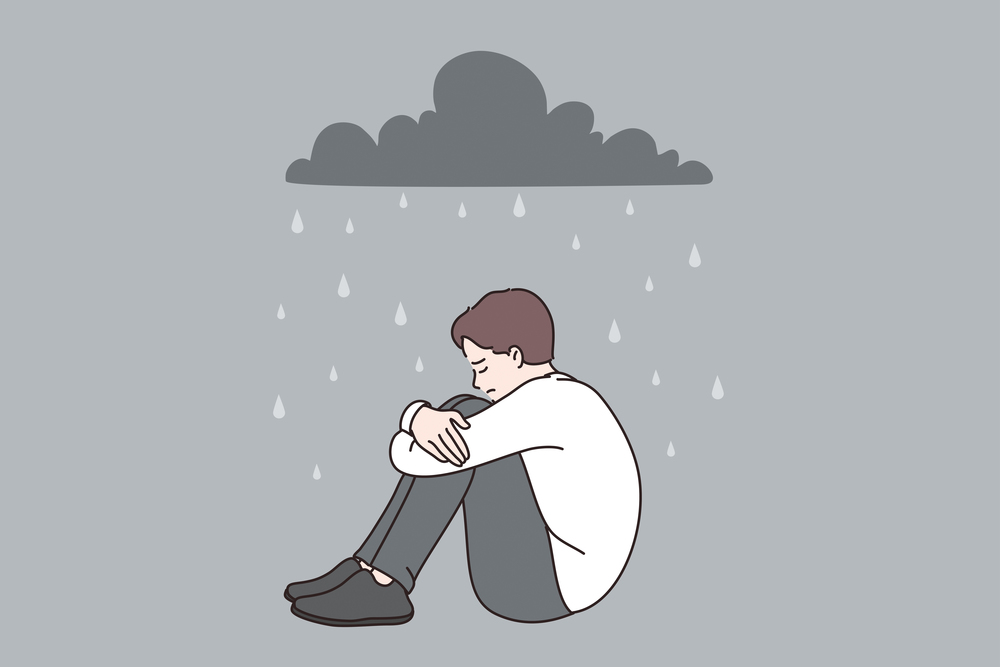 Depression and feeling lonely concept. Young depressed sad frustrated teen sitting under heavy rain on ground vector illustration . Depression and feeling lonely concept