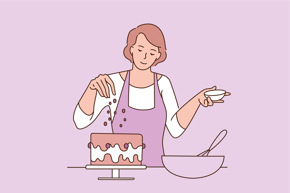 Baking and sweet food concept. Young smiling woman baker in apron standing adding decorations to freshly baked cake vector illustration . Baking and sweet food concept