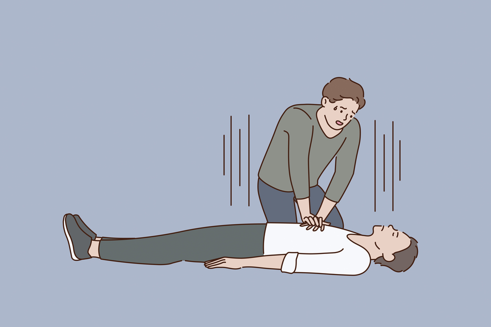 First aid and heart massage concept. Young stressed man sitting on knees making heart massage to lying on ground man vector illustration . First aid and heart massage concept