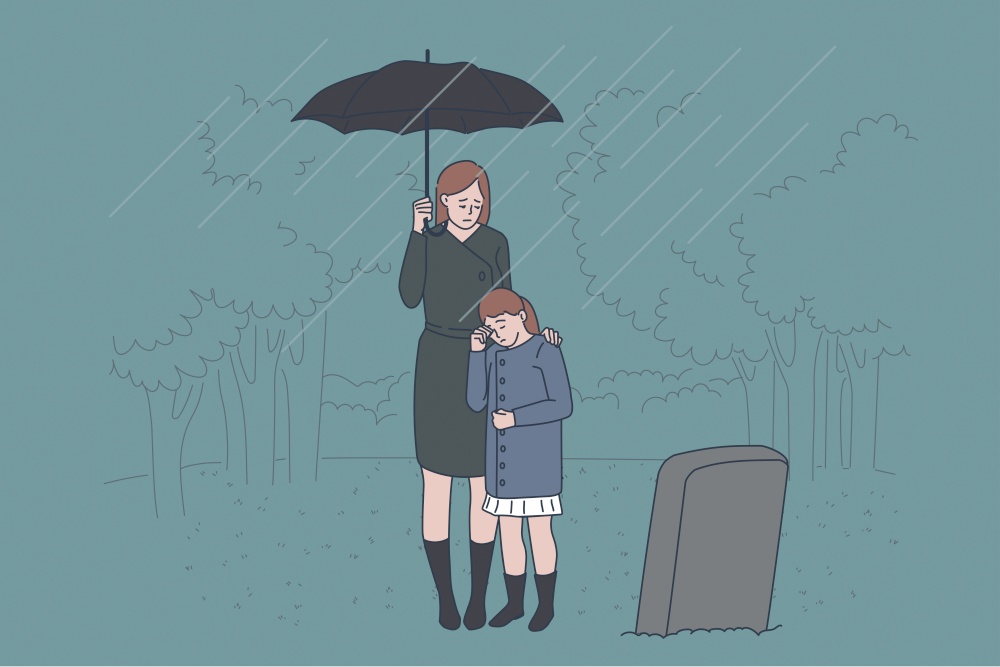 Family grief and loss concept. Sad crying mother and daughter standing on cemetery near fathers grave feeling depressed and broken with loss vector illustration. Family grief and loss concept