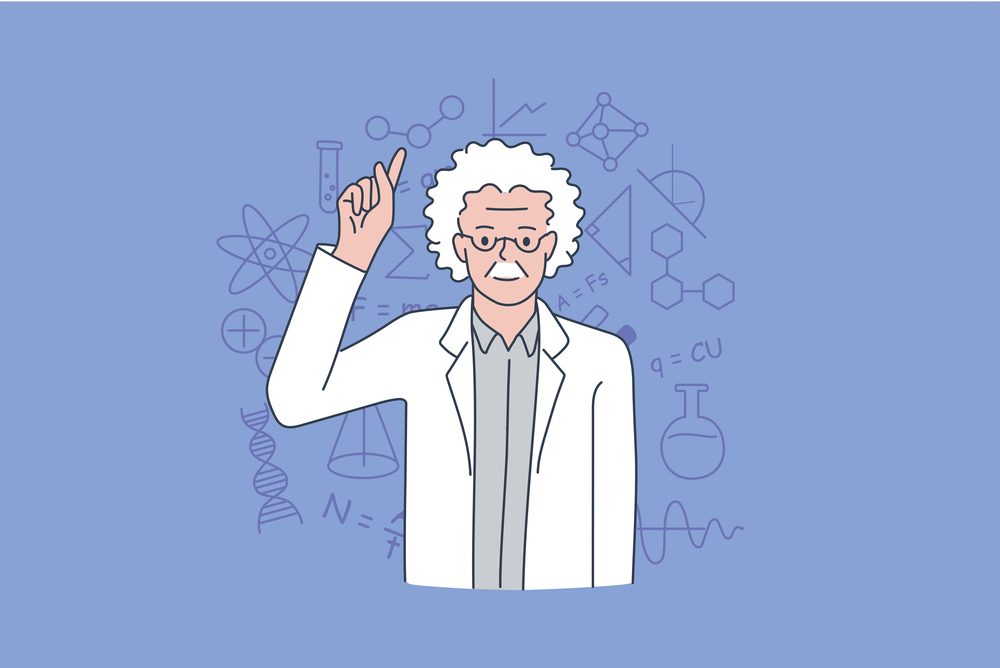 Scientist and physicist practitioner concept. Old grey haired man scientist standing showing finger up over symbols over background vector illustration . Scientist and physicist practitioner concept
