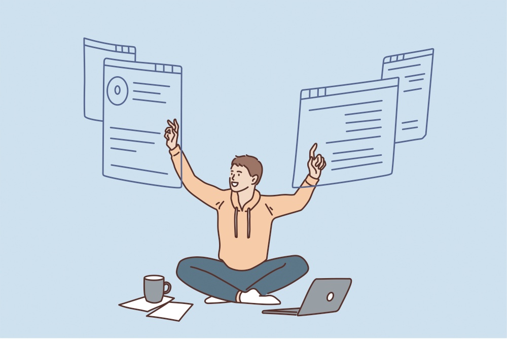 Freelance work and remote location concept. Young smiling man worker witting on floor with laptop and coffee working feeling positive vector illustration . Freelance work and remote location concept.
