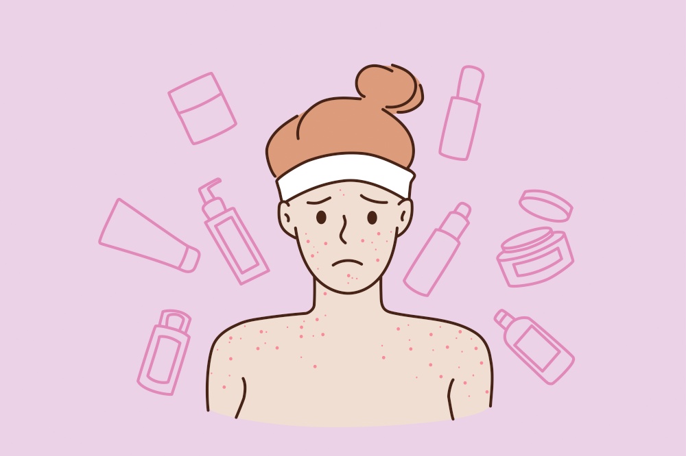 Skin problems and skincare concept. Face of young stressed sad teen boy standing with naked shoulders having red acne or pimples vector illustration. Skin problems and skincare concept