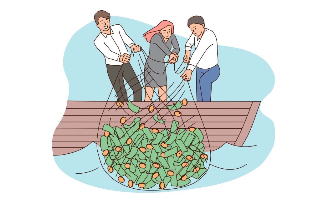Profit, financial success, wealth concept. Group of young smiling business partners putting fishing sack with heaps of cash paper currency and coins vector illustration. Profit, financial success, wealth concept