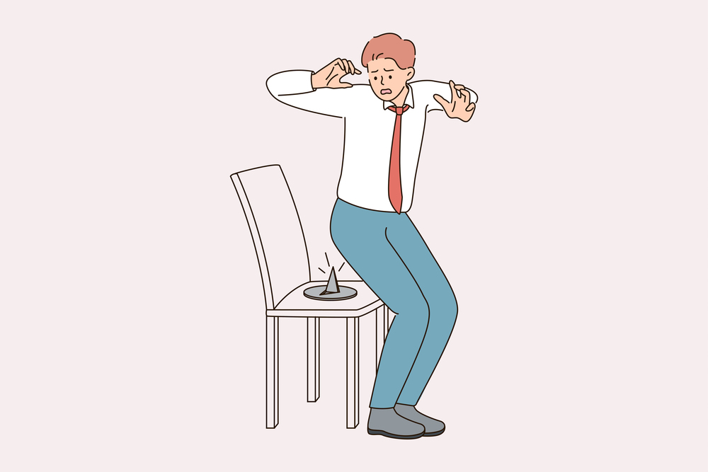 Deadlines and stress in business concept. Young stressed frustrated businessman looking with panic at chair with push button on it vector illustration . Deadlines and stress in business concept