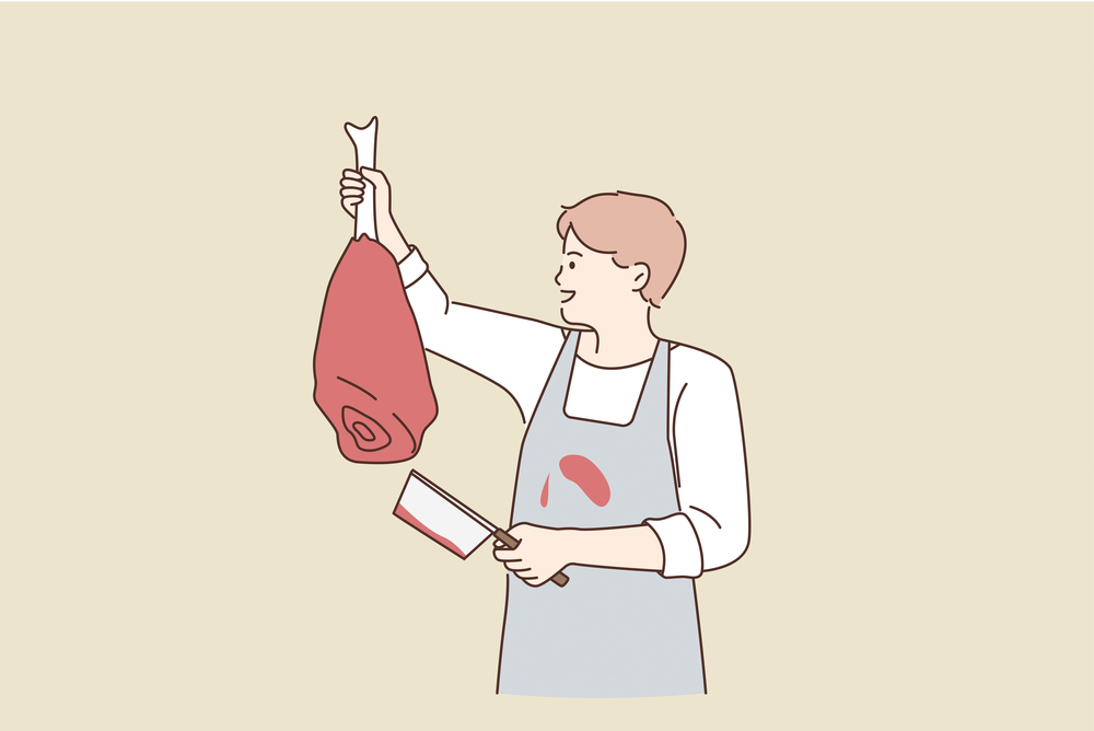 Working as butcher with meat concept. Young smiling man butcher in apron standing holding beef leg in hands for selling vector illustration . Working as butcher with meat concept.