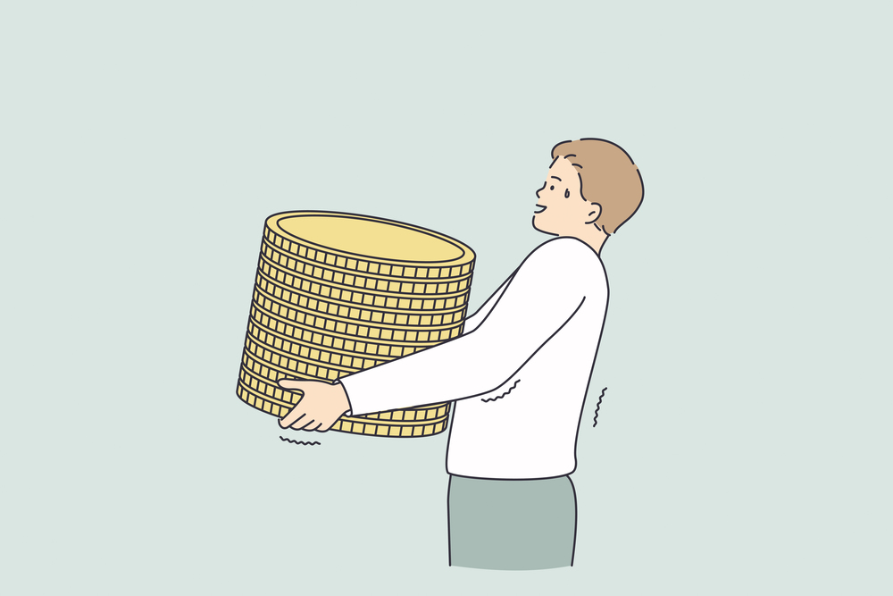 Profit, making money, financial success concept. Young worker businessman cartoon character carrying heap of golden coins in hands meaning wealth and profit vector illustration . Profit, making money, financial success concept.