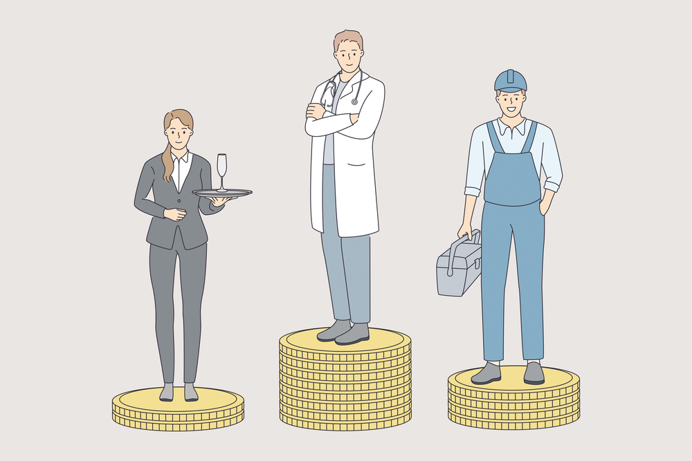 Earning money in various spheres concept. Young workers waiter repairman and doctor cartoon character standing on various heaps of golden coins vector illustration . Earning money in various spheres concept.