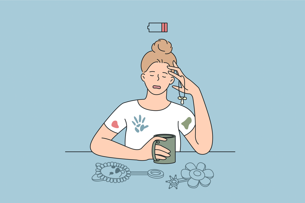 Tiredness and stress of young mother concept. Young woman mother sitting with hot drink feeling low energy stressed exhausted vector illustration . Tiredness and stress of young mother concept.
