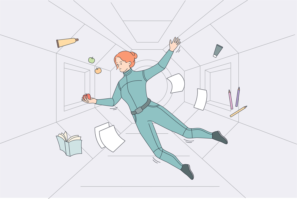 Levitation and flying in space concept. Young woman spaceman cosmonaut in suit flying levitating in spaceship catching apples vector illustration . Levitation and flying in space concept