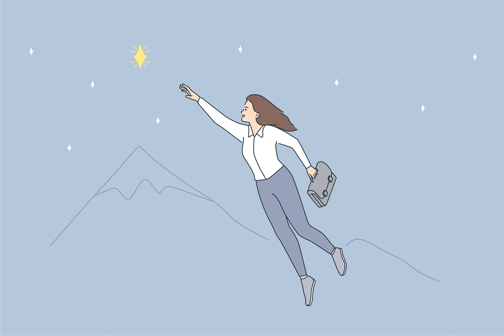 Opportunities and business leadership concept. Young smiling business woman cartoon character flying up going to reach star flying in air vector illustration . Opportunities and business leadership concept
