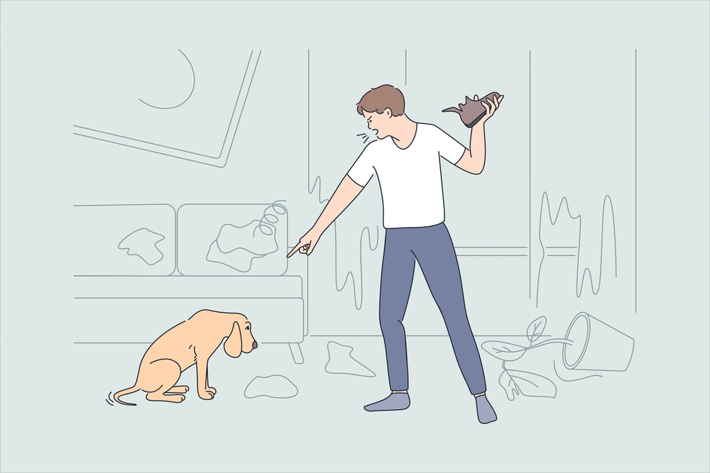 Being angry at pet concept. Young angry aggressive man cartoon character standing shouting at guilty dog eaten his shoe vector illustration . Being angry at pet concept
